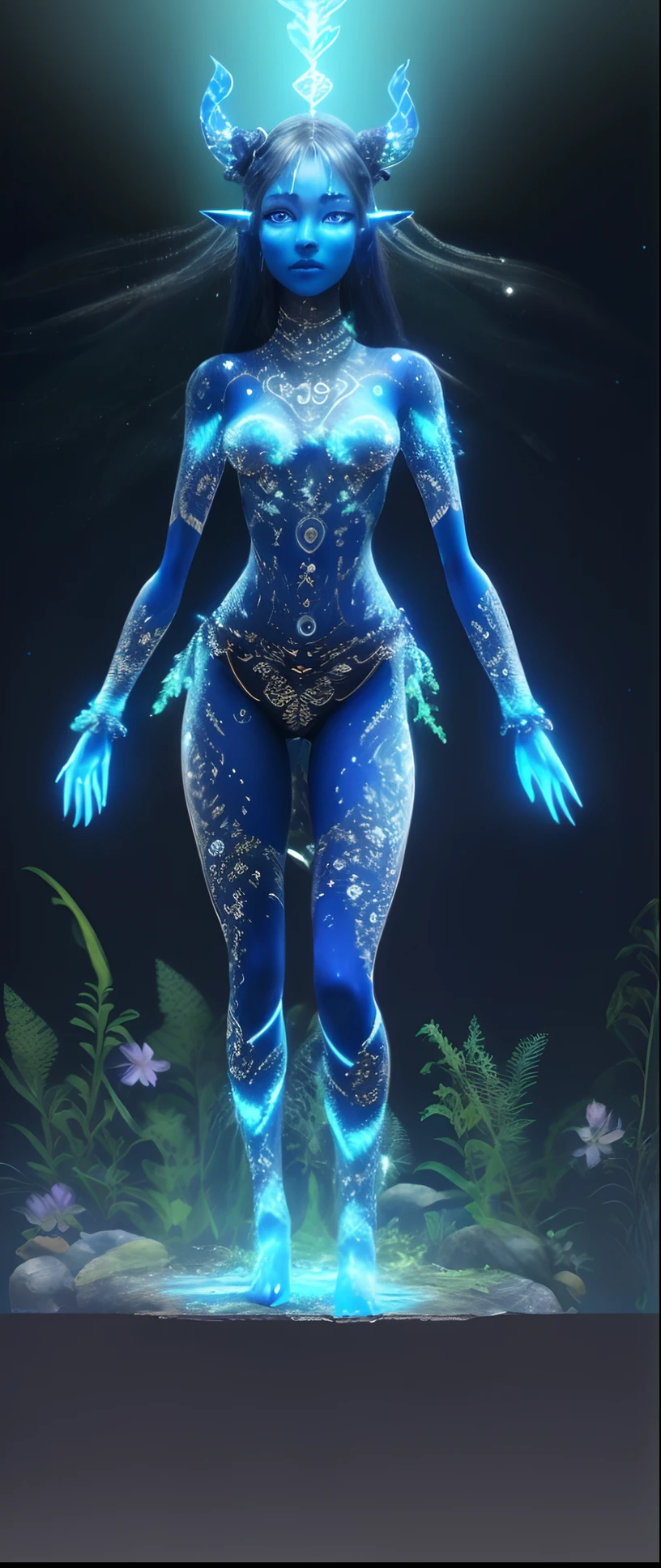 (full body standing), small full body shot, full body,ayahuasca dreamlike journey in abstract native style、beautiful goddess、blue humanoid avatar with bioluminescent avatar markings dots and patterns on their skin. Pointed elf ears. avatar like hair, hair colour black, sparkling glowing blue eyes, slightly shimmery iridescent blue skin. female, warrior like, magical and mystical, detailed and realistic. Only blue skin tone.