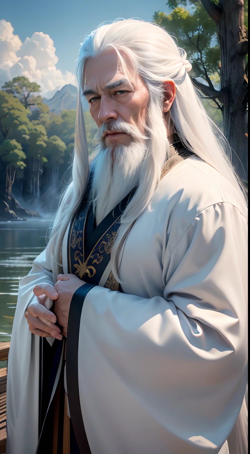 A close up of a man with a long white beard and a white robe - SeaArt AI