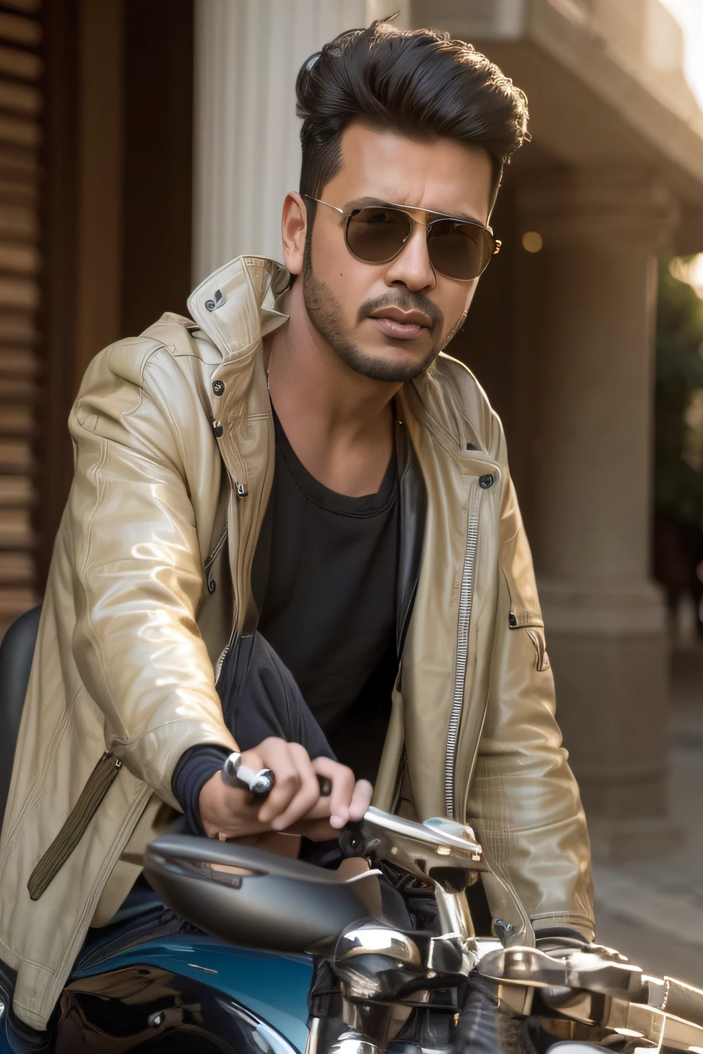 araffe man with sunglasses, jacket sitting on a stylish motor bike in a city road, with sunglass, casual photography, shot on nikon z9, edited in photoshop, cinematic shoot, candid picture, photo taken with canon 5d, shot on canon eos r5, modeling shoot, mohamed chahin style, photo taken with nikon d 7 5 0