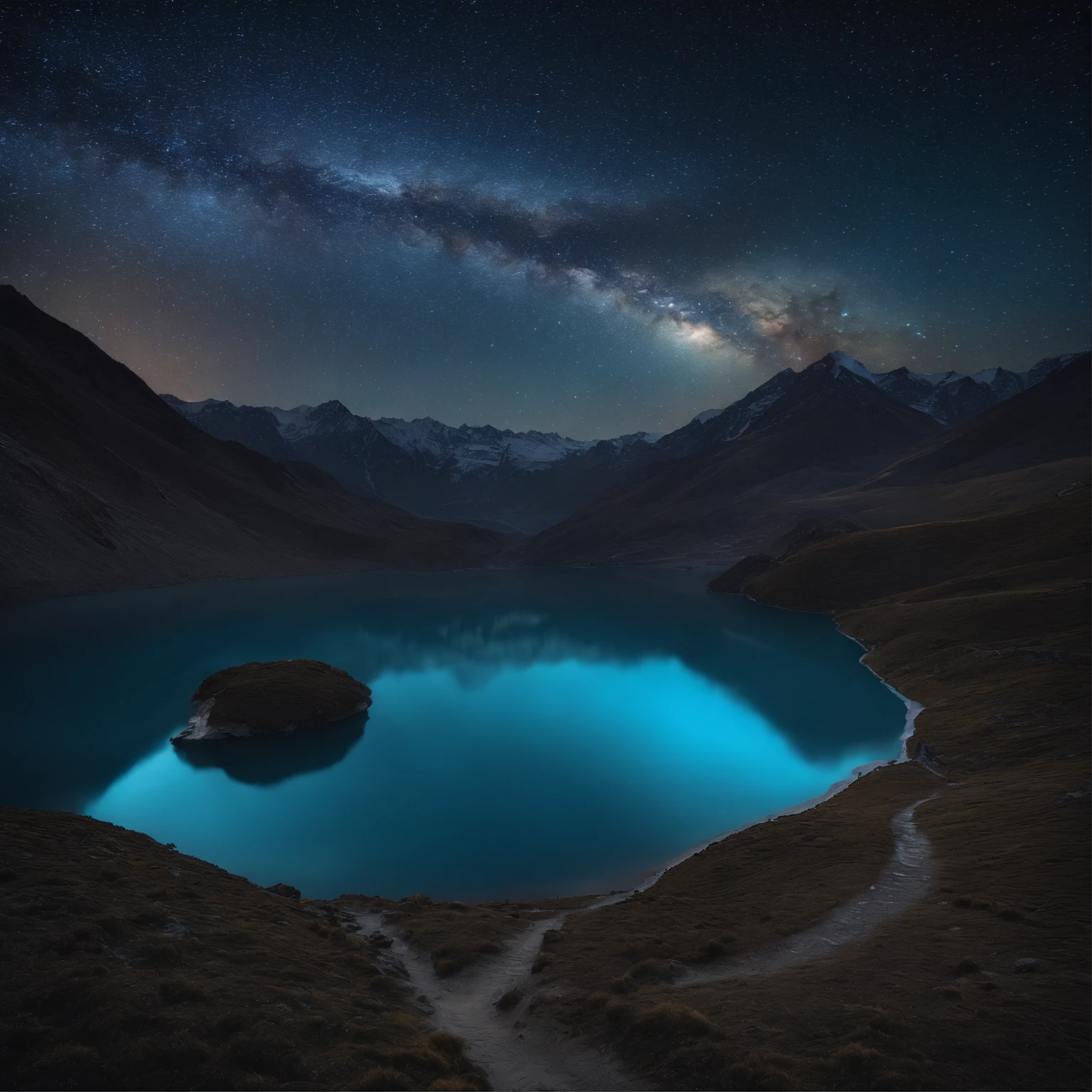 Master Parts、Superior Quality、superior image quality、The 8k quality、Beautiful pictures of the starry sky、magnifica、Arched Milky Way:1.9、Himalayas、Blue glowing lake:1.9