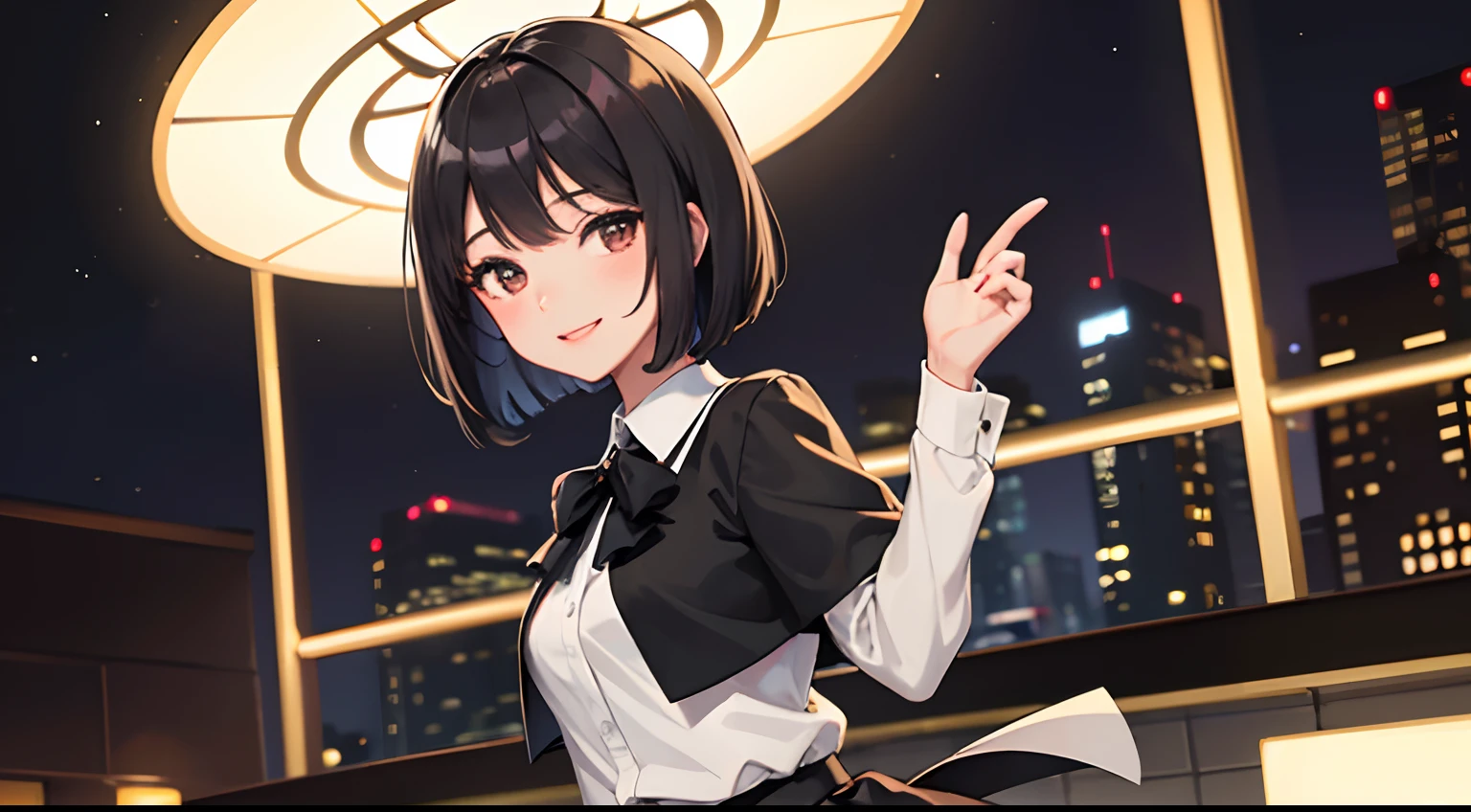 (Masterpiece, best quality), 1girl, 20's, smile, black hair, short bob, white blouse, black skirt, night city, background blur taste,
