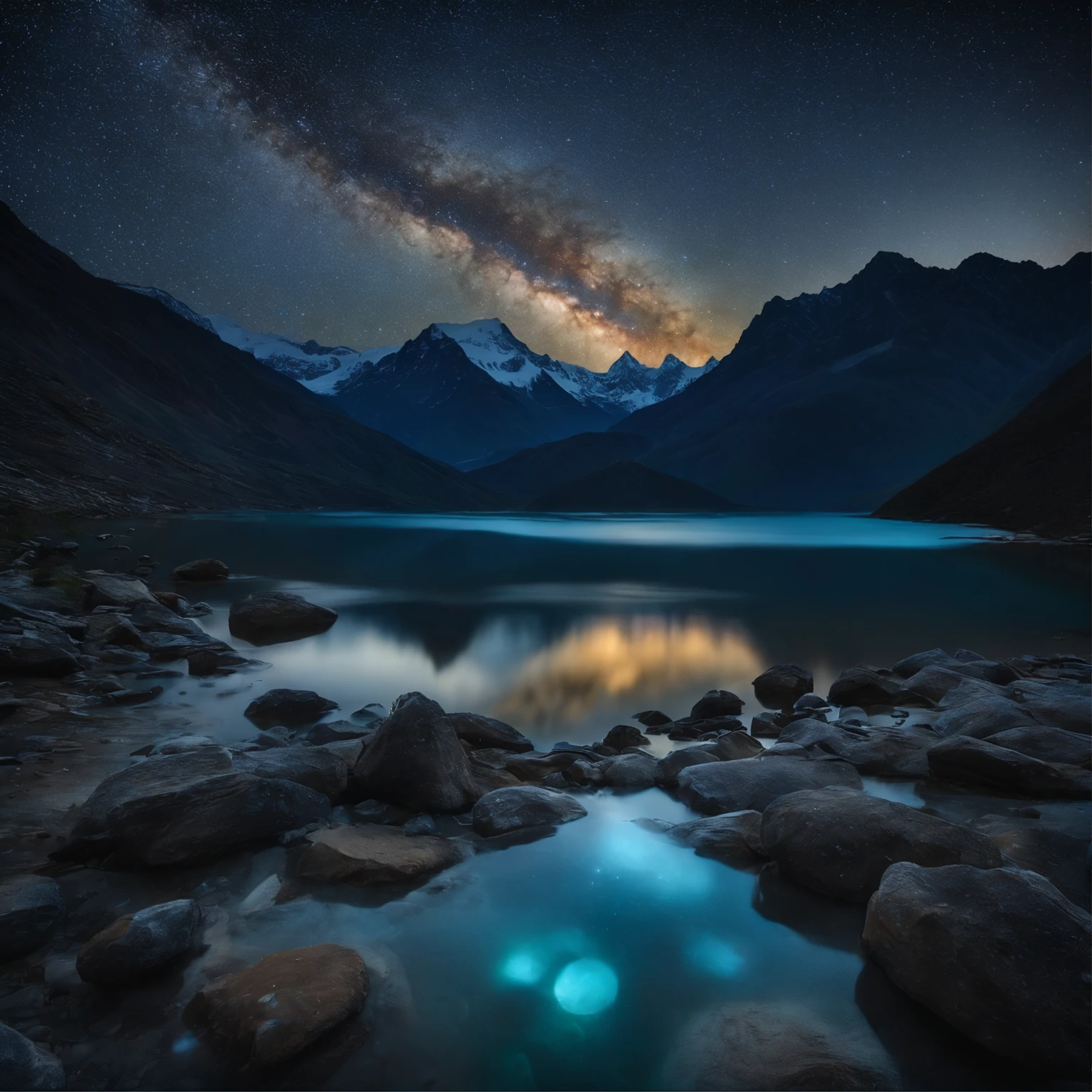 Master Parts、Superior Quality、superior image quality、The 8k quality、Beautiful pictures of the starry sky、magnifica、Arched Milky Way:1.9、Himalayas、Blue glowing lake:1.9