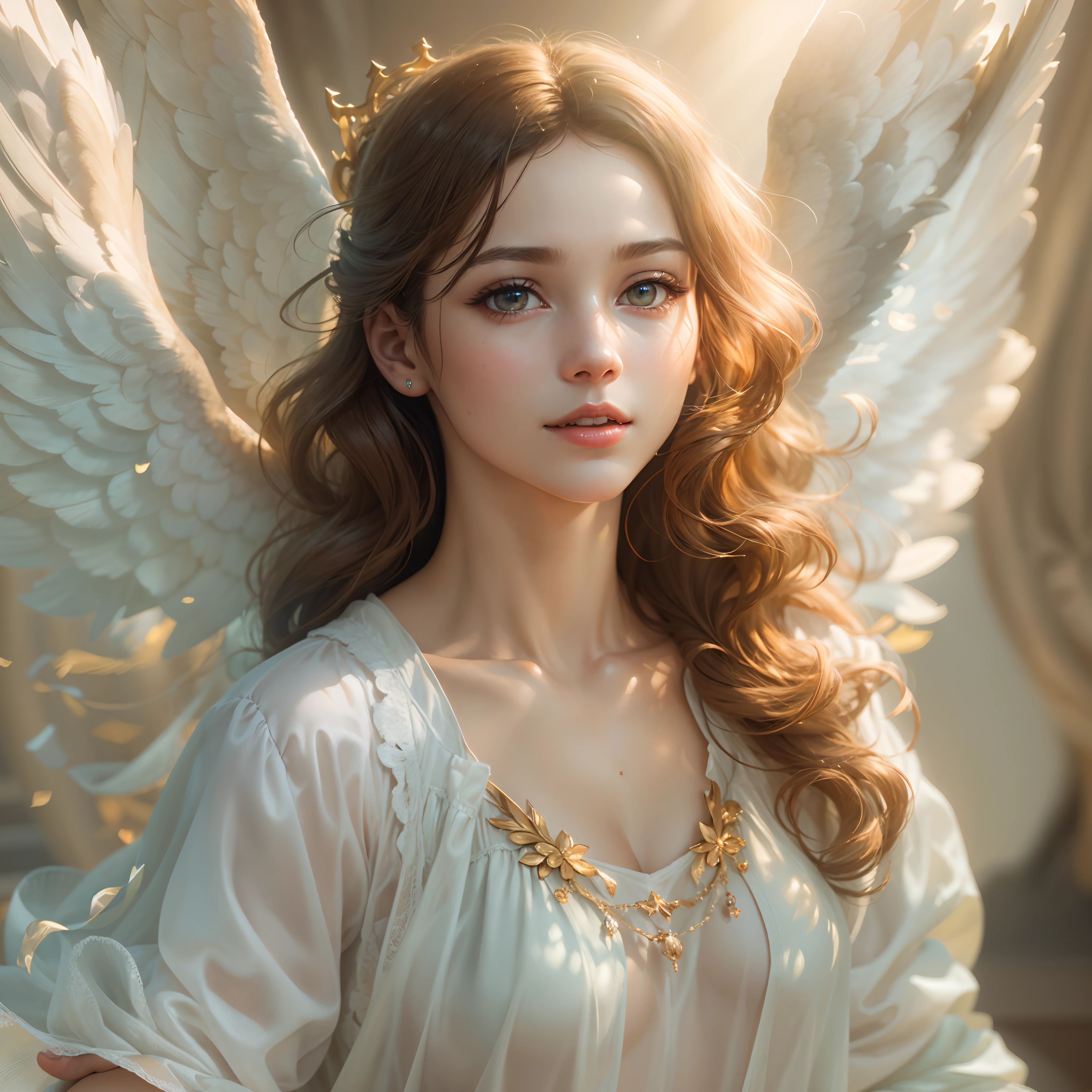 masterpiece, top quality, 8K, real person, realistic, very dense CG, shiny skin, fully focused, heaven, divine glory, radiant, angel, blessing, happiness,