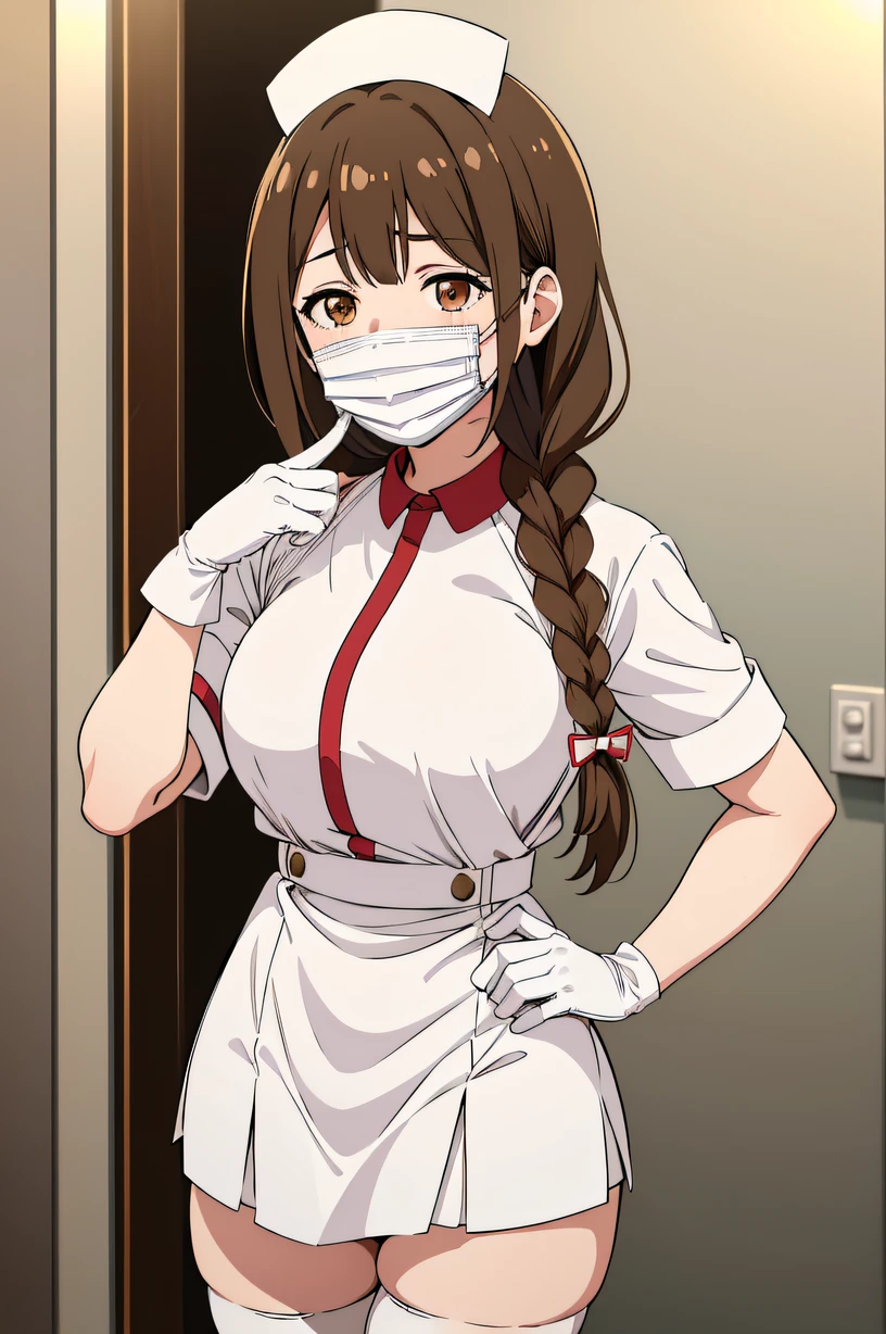 kuwayama chiyuki, ahoge, single braid, hair over shoulder, brown hair, brown eyes, large breasts, solo, nurse, ((white nurse cap, white nurse's outfit)), ((white legwear, zettai ryouiki)), white gloves, ((white surgical mask, covered nose)), standing, hospital room, sharp outline, short sleeves, best quality, masterpiece