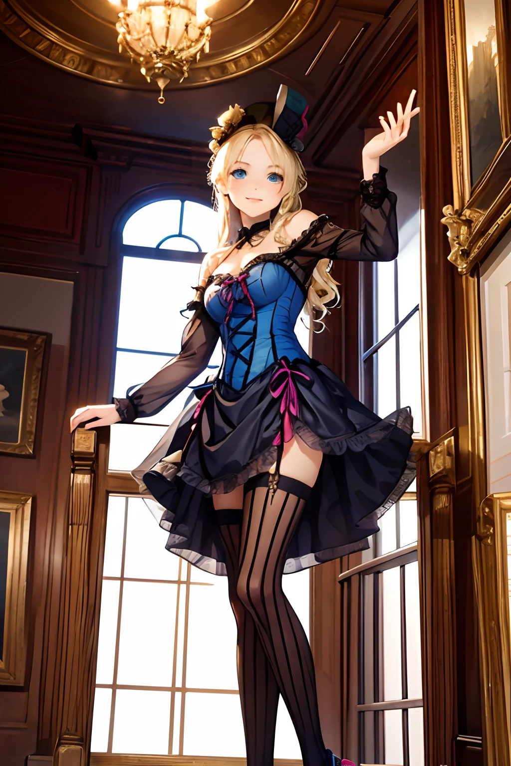 village realisticlying、Virginia Otis 15-year-old blonde hair blue eyes、City of victorian age, Europe. aristocrat girl、Looking up from below、 wear long sleeve sheer fabric dress、Various dynamic sexy poses、Face smile、cute face, Depicts the whole body、