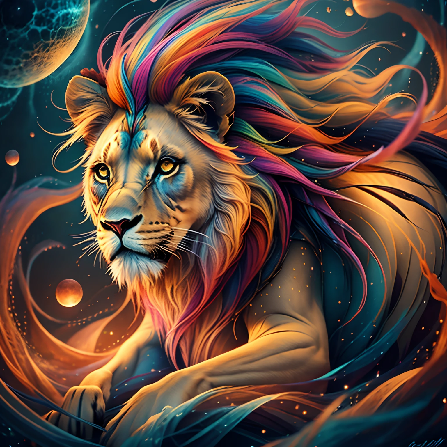 a painting of a colored lion on a black background, breathtaking rendering, within a radiant connection, inspired by Kinuko Y. Craft,, magical elements, wow, is beautiful, casting a multi colorful spell, bright flash, flash, fearless leader,