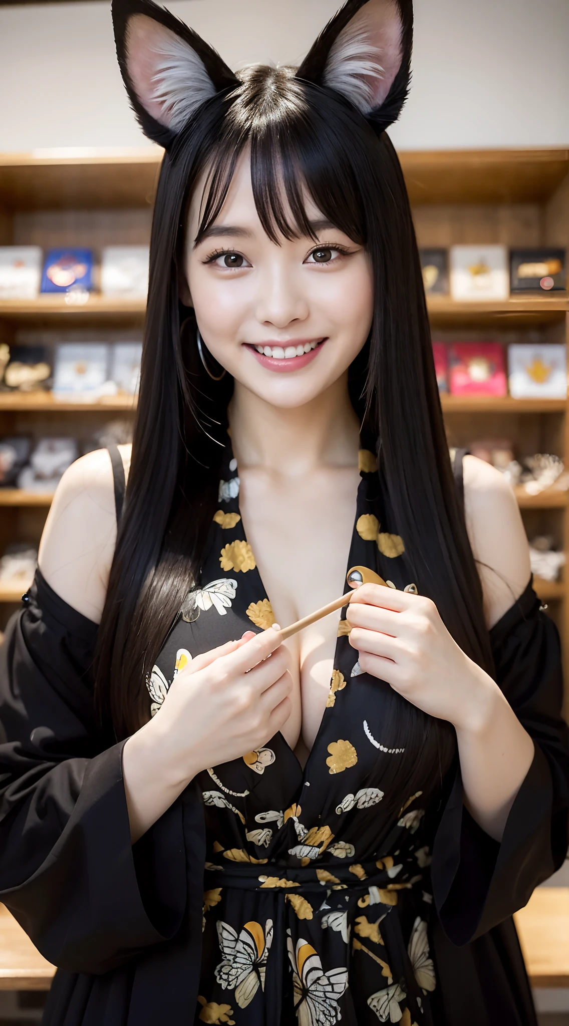 Butterfly print priestess costume、Golden Eyes、Black fox ears、Inside a stylish store、Eating sweets and smiling happily、during daytime、15yo student、Semi-long、large full breasts、You can see the big tail of the black fox、Black nails、Smiling、masterpiece、Real Light、youkai、Human ears are hidden by hair、Noble lady、Magic is making the spoon float in the air