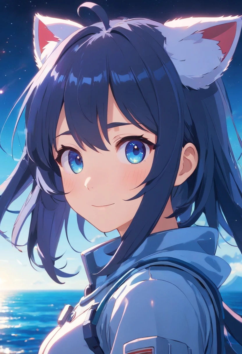 black hair, hair bobbles, wince, longeyelashes, solid circle eyes, fake animal ears, light smile, ear blush, fang, wavy hair, multicolored eyes, gradient_eyes, pupils sparkling, endured face, Surrealism, drop shadow, anaglyph, stereogram, tachi-e, pov, atmospheric perspective, ray tracing, reflection light, cinematic lighting, 8k, super detail, ccurate, best quality, masterpiece, award winning, best quality, highres, 16k, 8k,long blue hair, medium boobs, Planet , spacesuit,