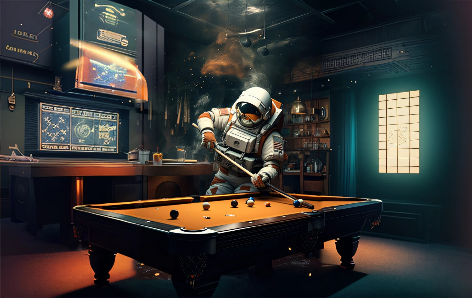 Astronaut playing billiards in a dark room with pool table, 3 d render beeple, beeple daily art, Beeple e Tim Hildebrandt, beeple style, beeple |, Inspired by Beeple, beeple artwork, in the style of beeple, beeple art, beeple. hyper photorealism