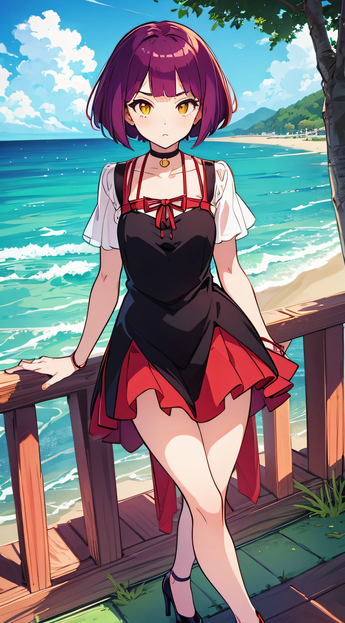 an anime girl、Cat Girl、Purple bob cut hair、big red ribbon、Yellow Eye、Slender figure、small tits、a black choker、White blouses、Red dress、Red High Heels、Nestled by the sea