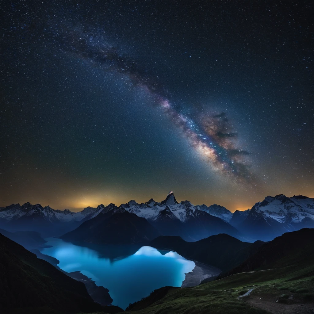 Master Parts、Superior Quality、superior image quality、The 8k quality、Beautiful pictures of the starry sky、magnifica、Arched Milky Way:1.9、Himalayas、Blue glacier:1.9