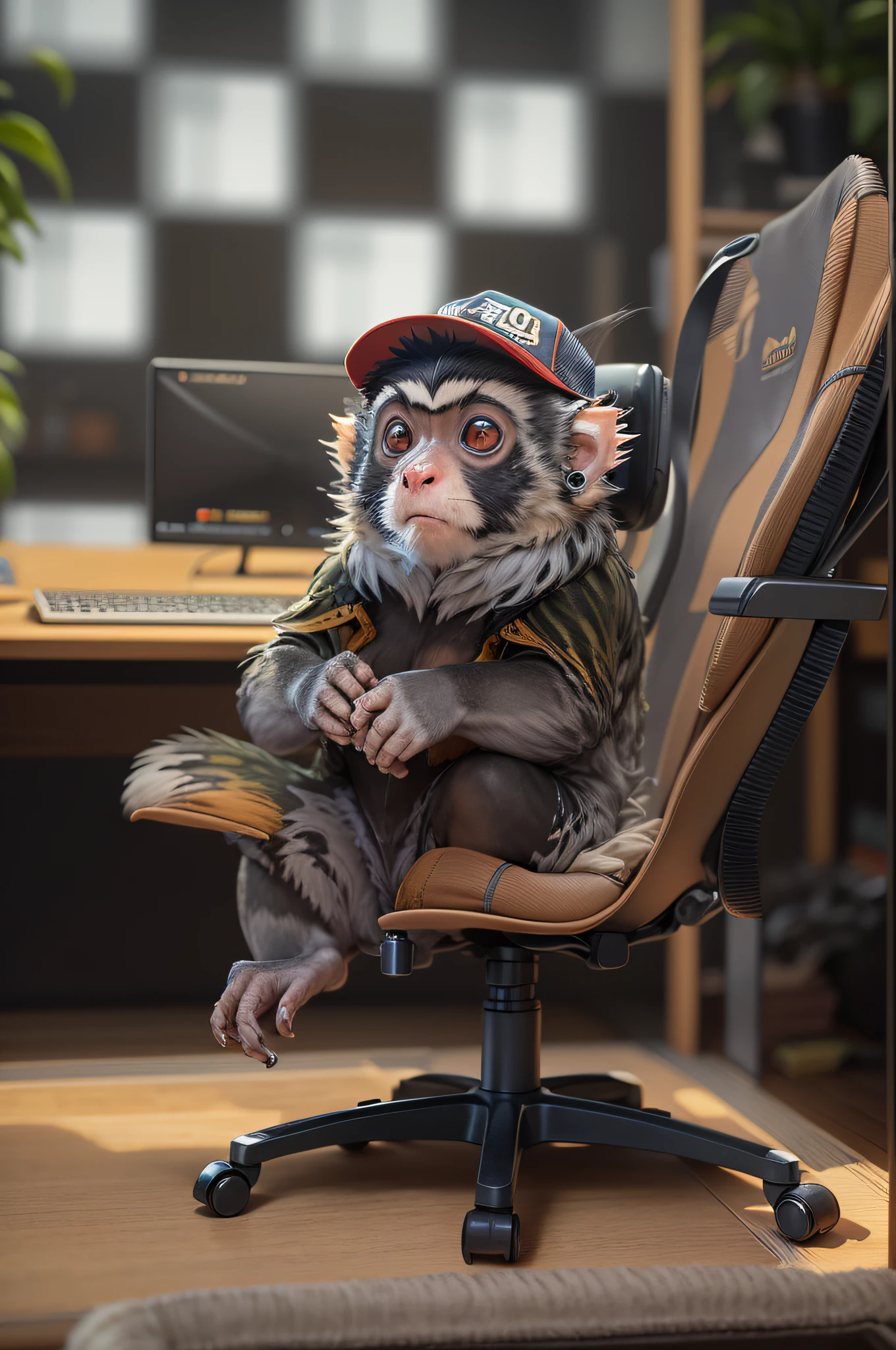 desenhe, um sagui, numa cadeira gamer, O sagui tem um computador gamer do lado, The marmoset wears a cap, 4k, realista, marmoset is in a gaming chair, highes definition