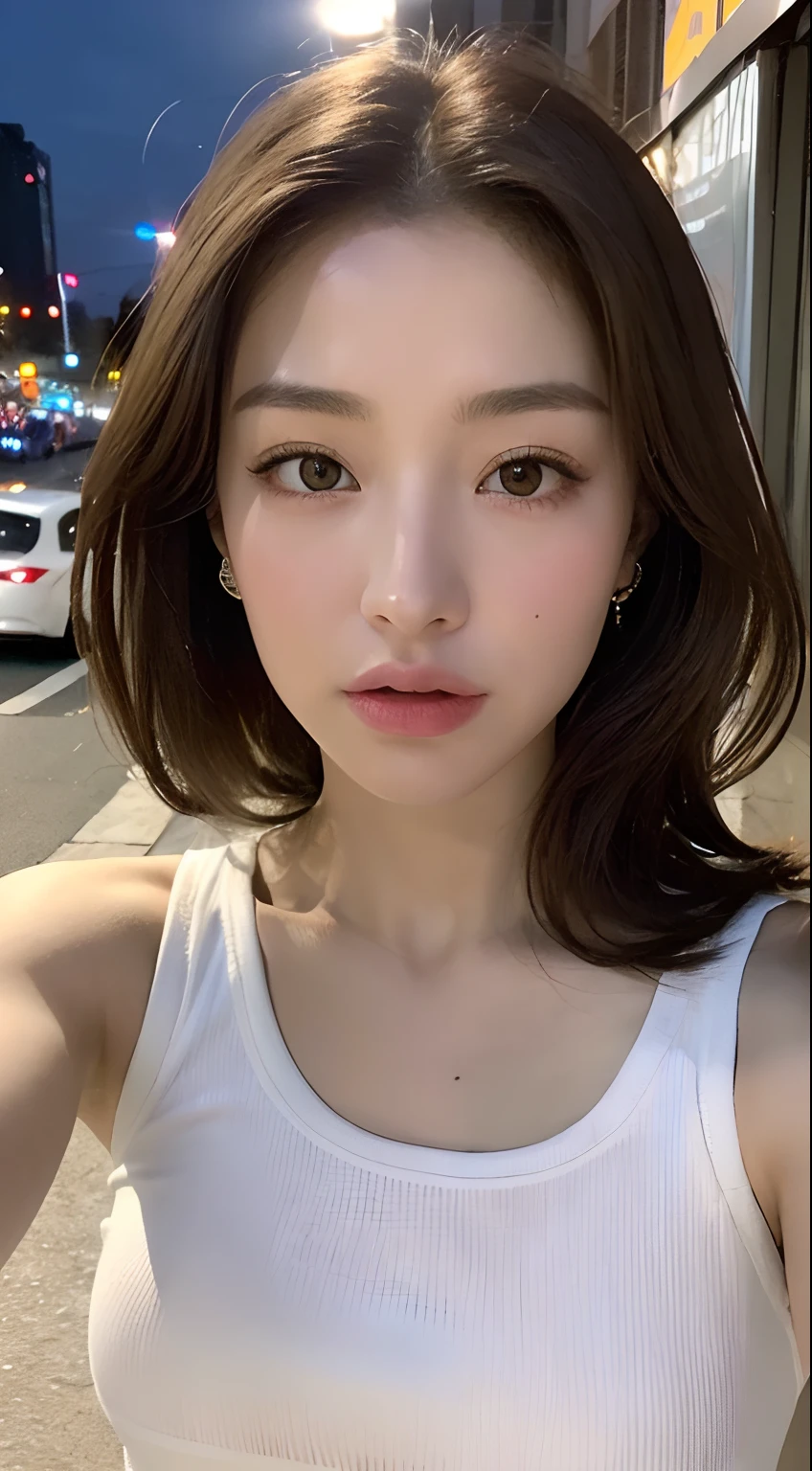 ((Realistic lighting, Best quality, 8K, Masterpiece: 1.3)), Clear focus: 1.2, 1girl, Perfect Figure: 1.4, Slim Abs: 1.1, ((Dark brown hair)), (White crop top: 1.4), (Outdoor, Night: 1.1), City streets, Super fine face, Fine eyes, Double eyelids,