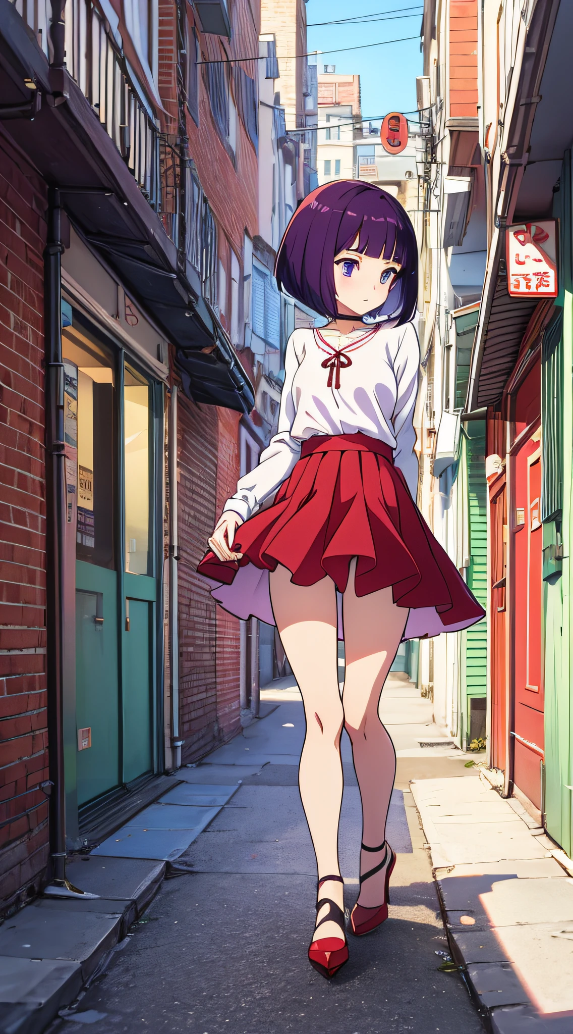 an anime girl、Cat Girl、Purple bob cut hair、Slender figure、small tits、White blouses、Red jumper skirt、Red High Heels、Back alleys in the city、