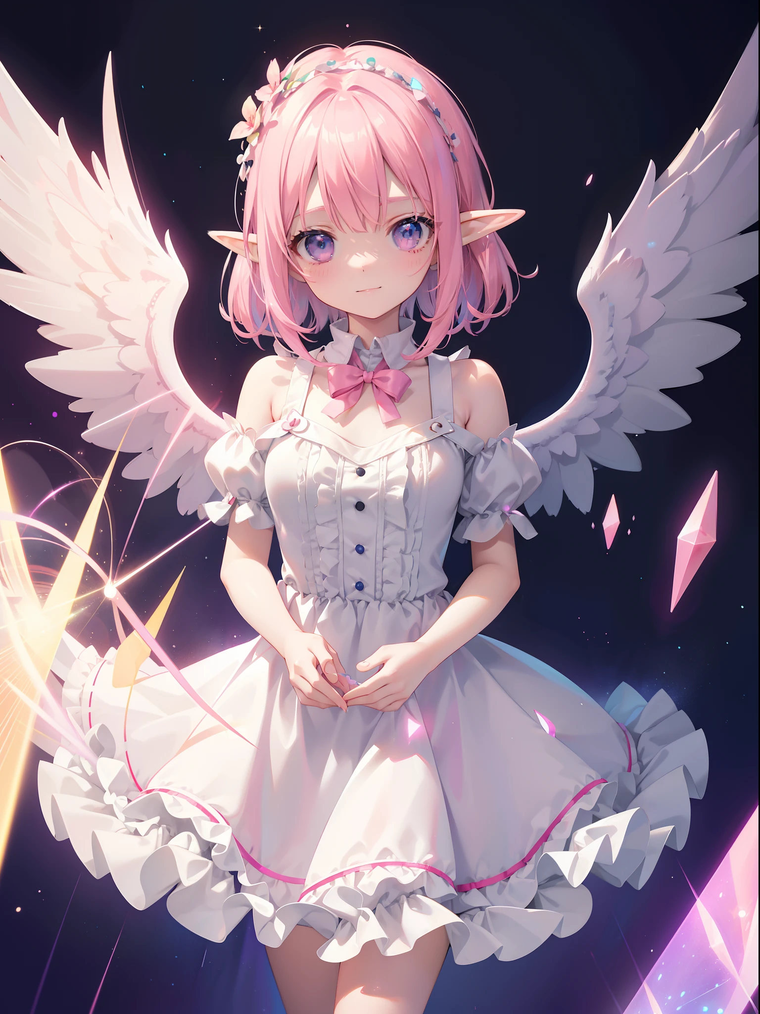 A pink-haired elf girl has angel wings on her back, wears a neat dress with frills, and is sewing with a sewing machine. He looks happy. Holographic glow, light particles, ray tracing, highly detailed skin, shot on a DSLR camera, shot on MSchiffer, 32k resolution, highest quality, design for t-shirt