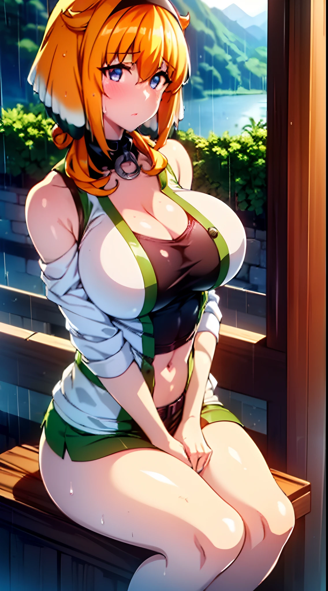 ((Best Quality, 8K, masutepiece: 1.3)), Sharp Focus: 1.2, A beautiful woman with perfect body: 1.4, Slim abdomen: 1.2, ((Layered Haircut, Large breasts: 1.2)), (No bra) (Small and beautiful hard nipple) (Thin and damp button up to shirt length: 1.1), (White shirt wet by rain), (Rain, mountainscape: 1.2), Wet body: 1.1, Highly detailed face and skin texture, Detailed eyes, 二重まぶた, A sexy, Exposed shoulders, cleavage,