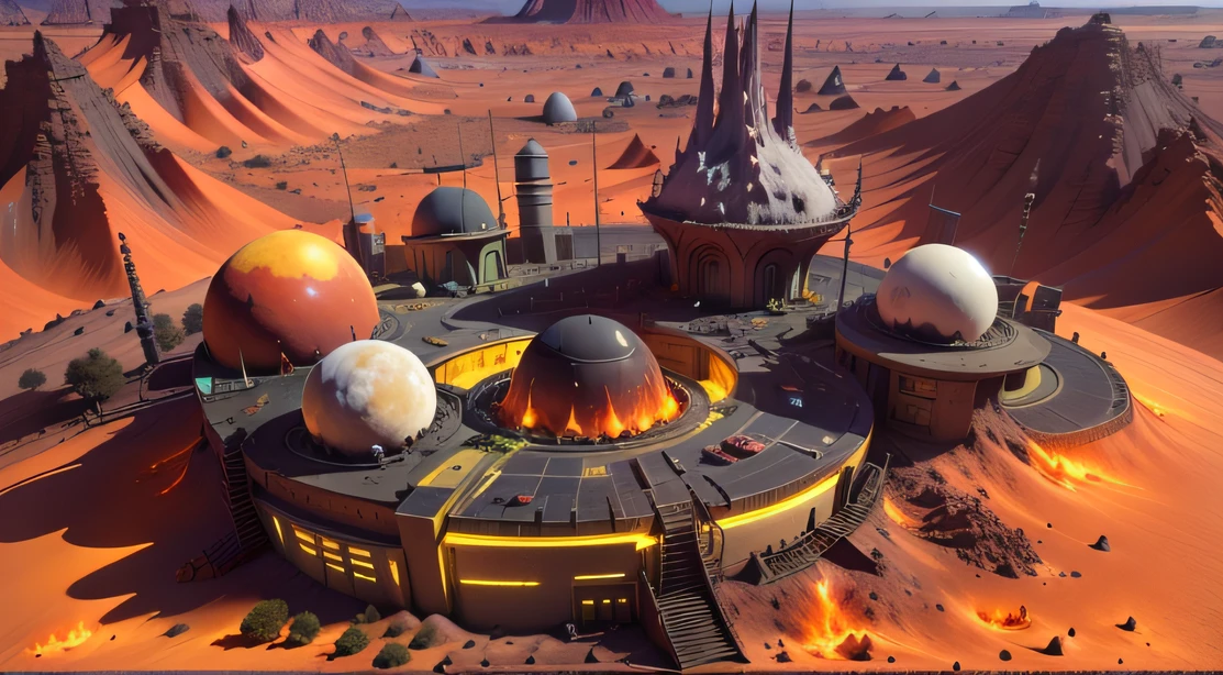 Alien Fall Base (Very detailed) In the mountainous desert，There are several exhaust fans and yellow chimneys, Some neon lights come out of the base to illuminate the dark place, (Extreme nights), Some clouds in the night sky, Some of the surrounding planets provide air to unknown planets，The farthest giant volcano is erupting