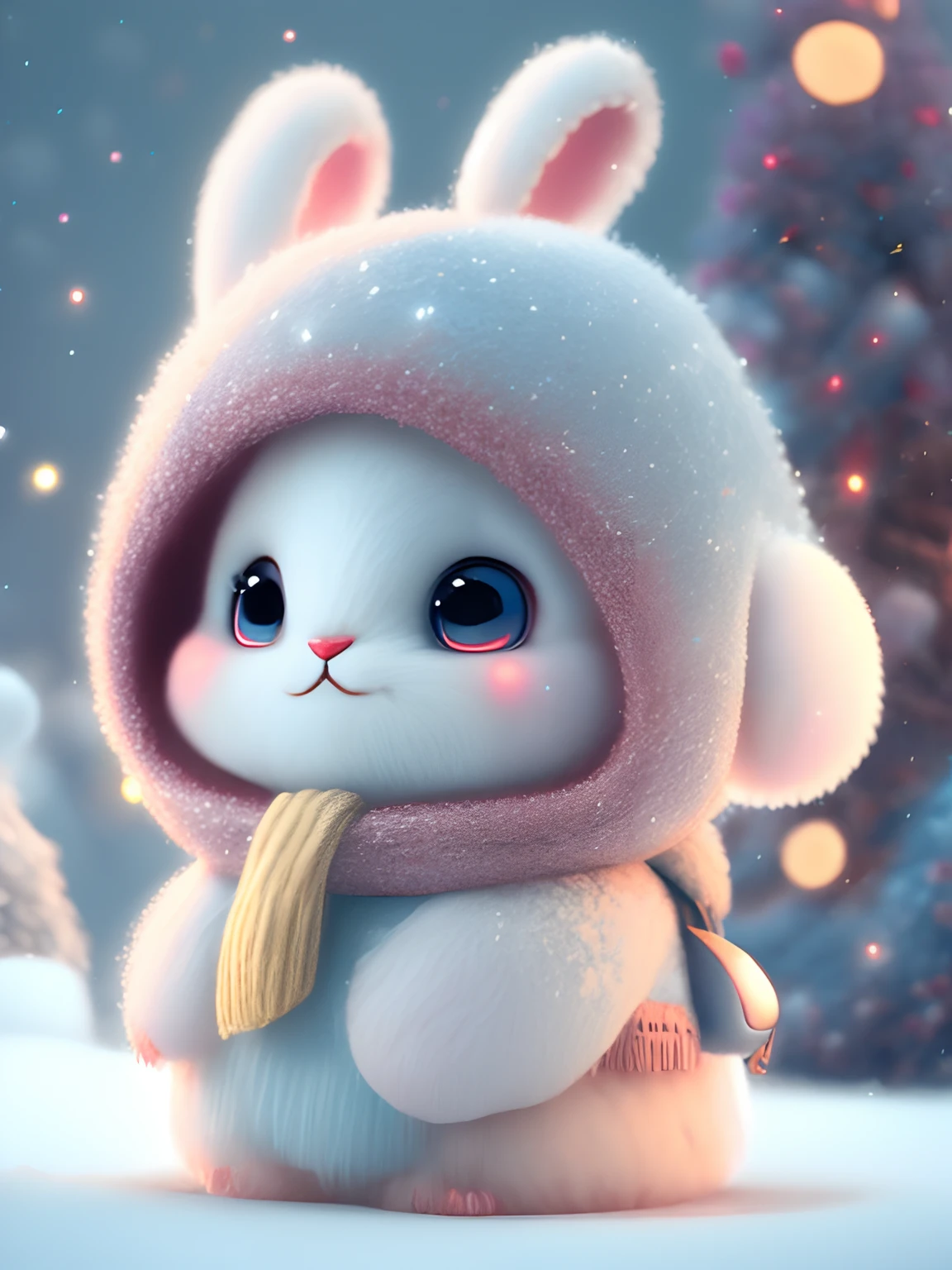 A winter in a pity,Nieve a la deriva,A super cute white rabbit Pixar style,Pelaje blanco como la nieve esponjoso,Una oreja tira,Grandes ojos brillantes,cola esponjosa,Wear a brown sweater,con un sombrero rojo,sonriente,Exquisito y encantador,Escena de cuento de hadas,Detalle extremadamente alto,Estilo Pixar,burbujas flotantes,colores brillantes,Luz natural,Simple solid color background,Cinematic Shots,Efecto realista 8K HD,Mobile photography trends,splendid,Pantalla ultra gran angular,Gorgeous details,Textura 8K Ultra HD。
