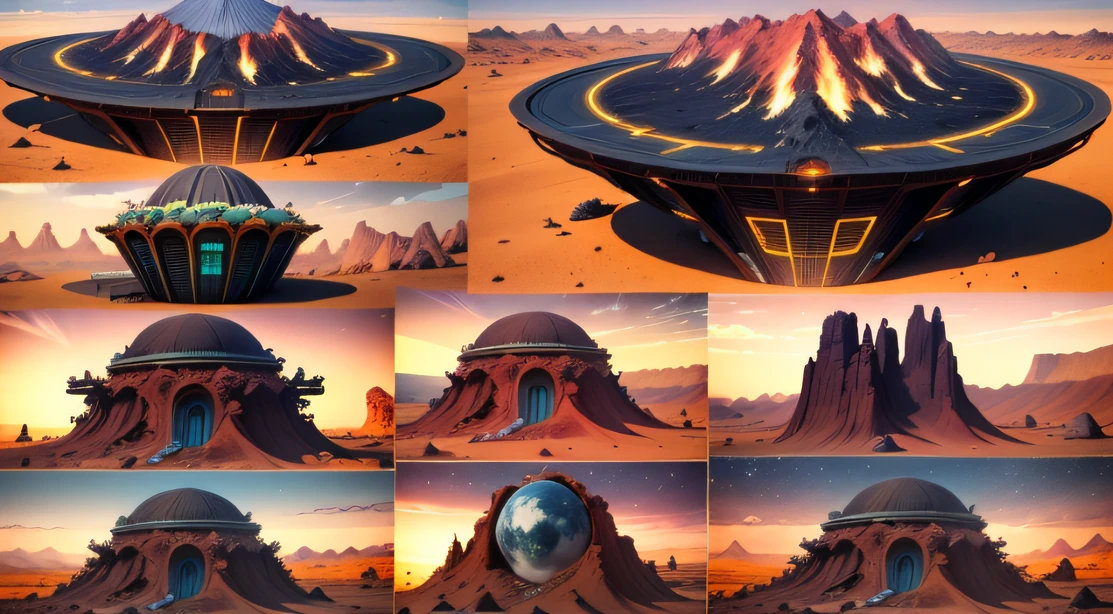 Alien Fall Base (Very detailed) In the mountainous desert,There are several exhaust fans and yellow chimneys, Some neon lights come out of the base to illuminate the dark place, (Extreme nights), Some clouds in the night sky, Some of the surrounding planets provide air to unknown planets,The farthest giant volcano is erupting