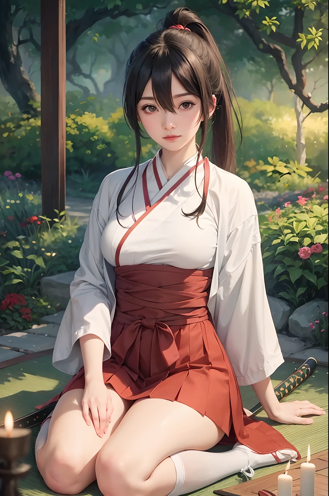 anime girl sitting on a mat with a candle in her hand, female anime character, fox nobushi holding a naginata, anime visual of a cute girl, ayaka genshin impact, attractive anime girl, seductive anime girl, kantai collection style, an anime girl, young anime girl, cute anime waifu in a nice dress