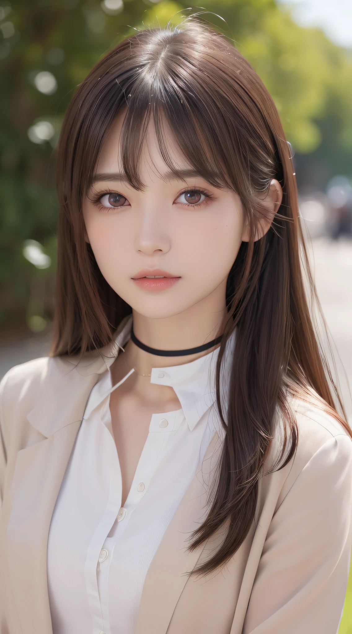 1womanl, (up of face:1.5), light brown hair, Blunt bangs, hair behind ear, hair over shoulder, Long hair, Ultra Fine Face, Thin face, Delicate lips, (beautidful eyes:1.5), thin blush, eyes are light brown,View here, （Hands hide）, formal jackets, a choker ,Port Area ,One-person viewpoint,  8K, masutepiece, nffsw, Super Detail, High quality, Best Quality, hight resolution,