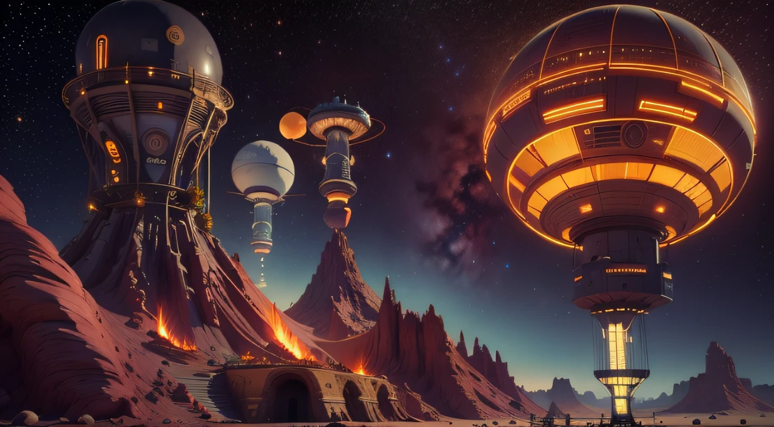 Alien Fall Base (Very detailed) In the mountainous desert,There are several exhaust fans and yellow chimneys, Some neon lights come out of the base to illuminate the dark place, (Extreme nights), Some clouds in the night sky, Some of the surrounding planets provide air to unknown planets,The farthest giant volcano is erupting