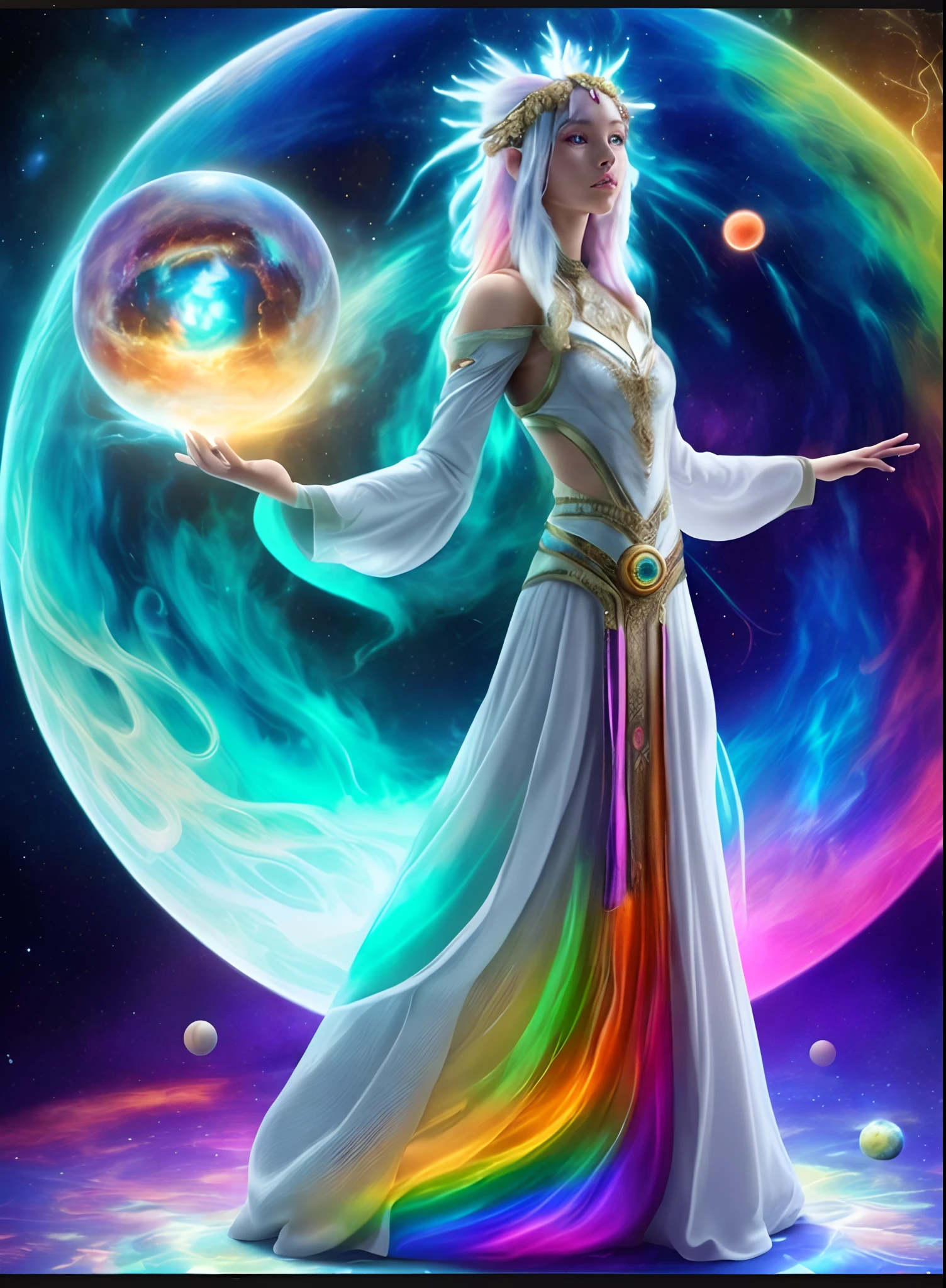(full body standing), small full body shot, full body,ayahuasca dreamlike journey in abstract native style、beautiful goddess、Pretty white woman, adult, well endowed, cosmic entity, glowing white eyes, rainbow hair, space, holding a planet within both hands, overlooking it as a small ball, omnipotent、realistic beautiful woman, 85mm lens, f8, photo, super detail, natural light, wind blowing strongly, high image quality,beautiful face, Surrounded by silver flames, 8K