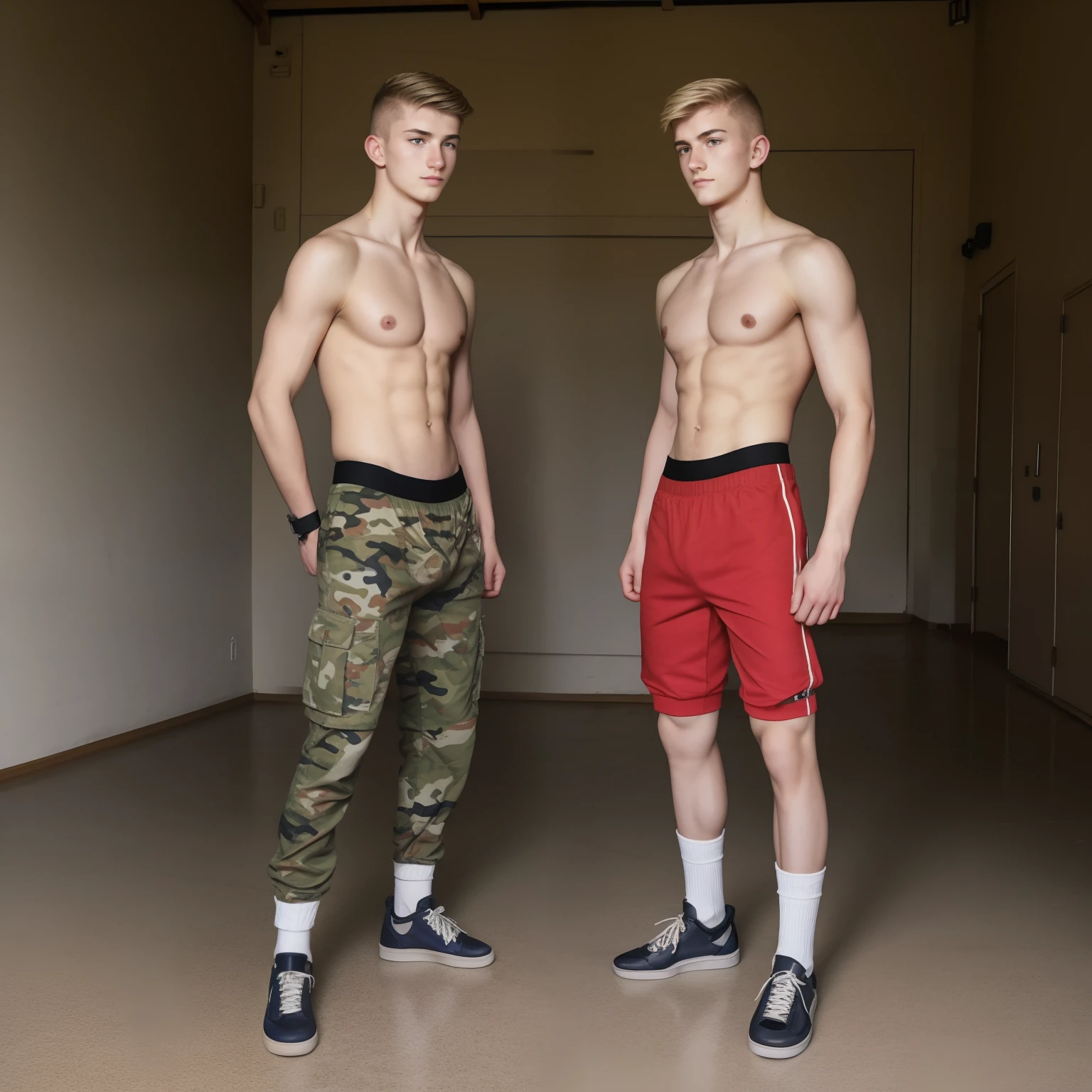 army barracks, army, 2boys, thin body, young males yo, caucassian masculine square face, full body view, camo boxers, blonde, topless, armoured red sneakers, white socks, domination, kneel, harness