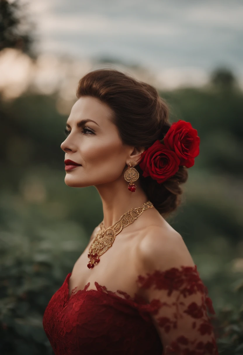 (Extremely detailed CG unit 8k wallpaper, masterpiece, best quality, Extremely detailed), (Optimal lighting, The best shadow), 45-year-old Spanish woman, Mature, Square face, Necklace with a red rose on the neck, Wearing a black lace dress with red, Gold earrings, like maria padilla (maria padilla) Such characteristics, (Very delicate skin: 1.2), Medium brown with light emitted