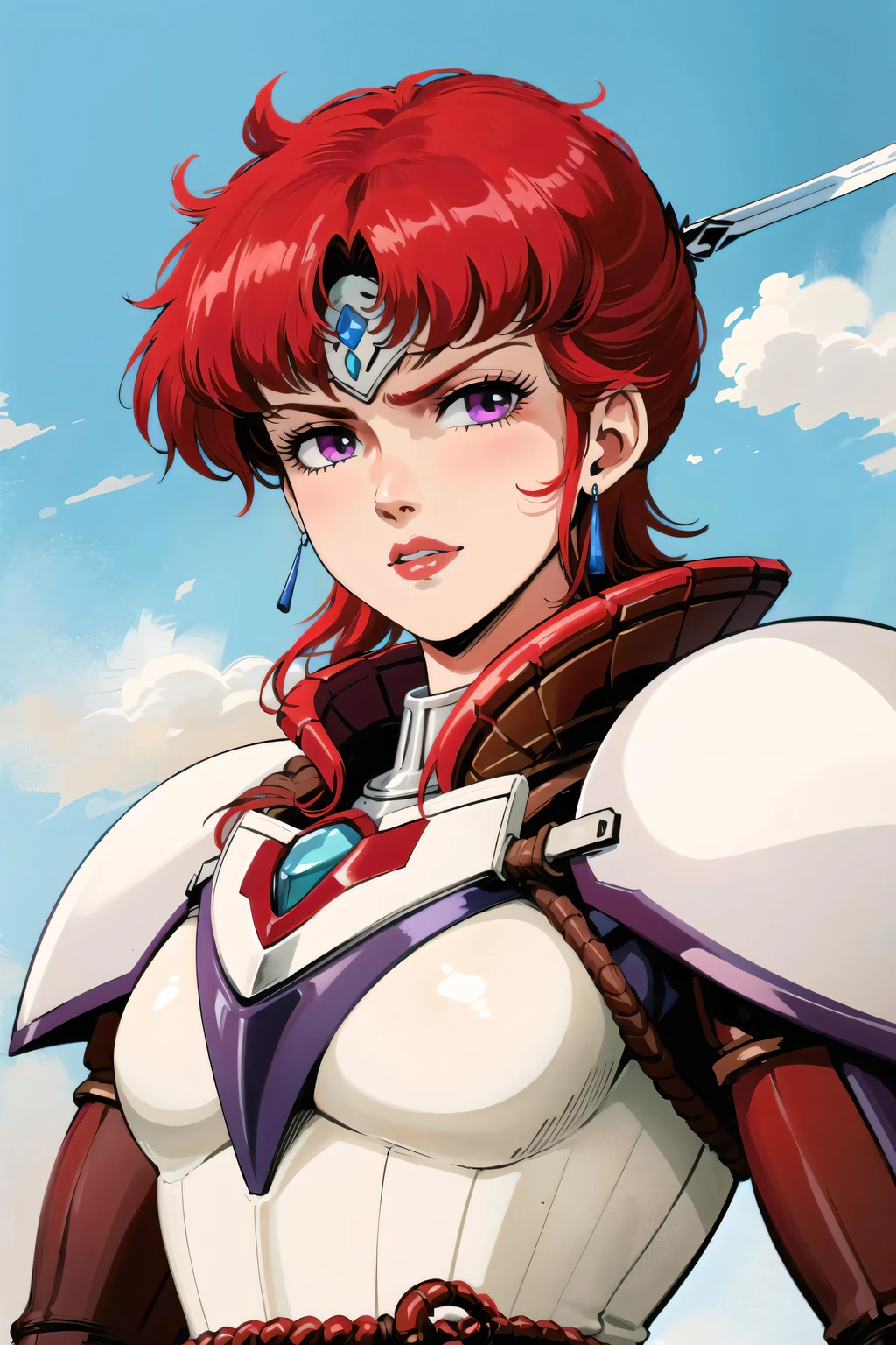 8k,(masterpiece:1.4)(best quality:1.4),(top quality), 1girl,neris, red hair, purple eyes, earrings,armor, (solo:1.2),palace, looking at viewer, (shiny skin), sword, <lora:reyon:0.7>