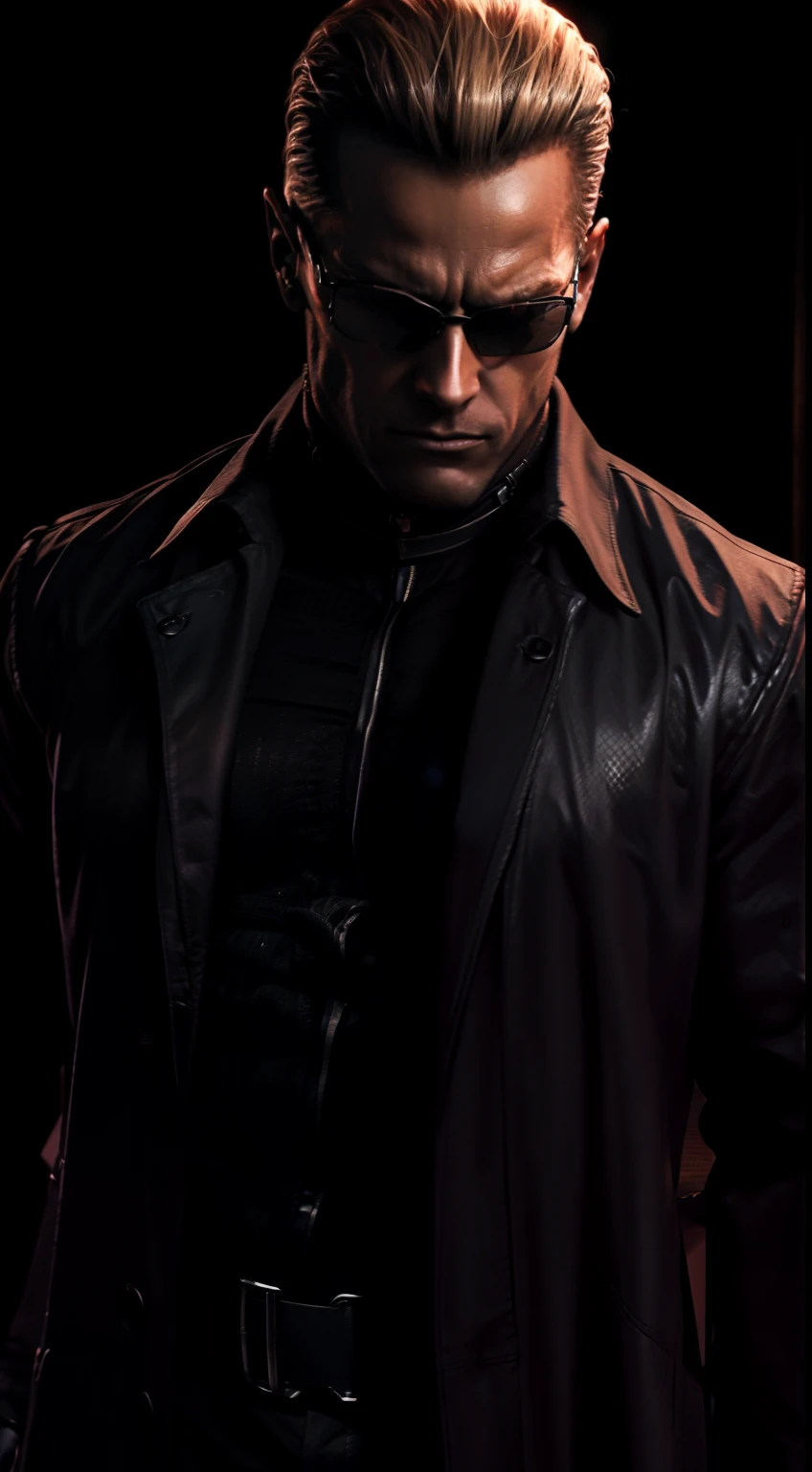 1 man, solo, Albert Wesker, lean muscle male, wearing a black linen long sleeve shirt, black linen trench coat, suspenders, looking casual, wearing elegant sunglasses, glowing red eyes, black trousers, cold face, middle aged, in a labratory, night time, high quality, solo, single male, male focus, upper body shot, cinematic lighting, best quality, depth of field