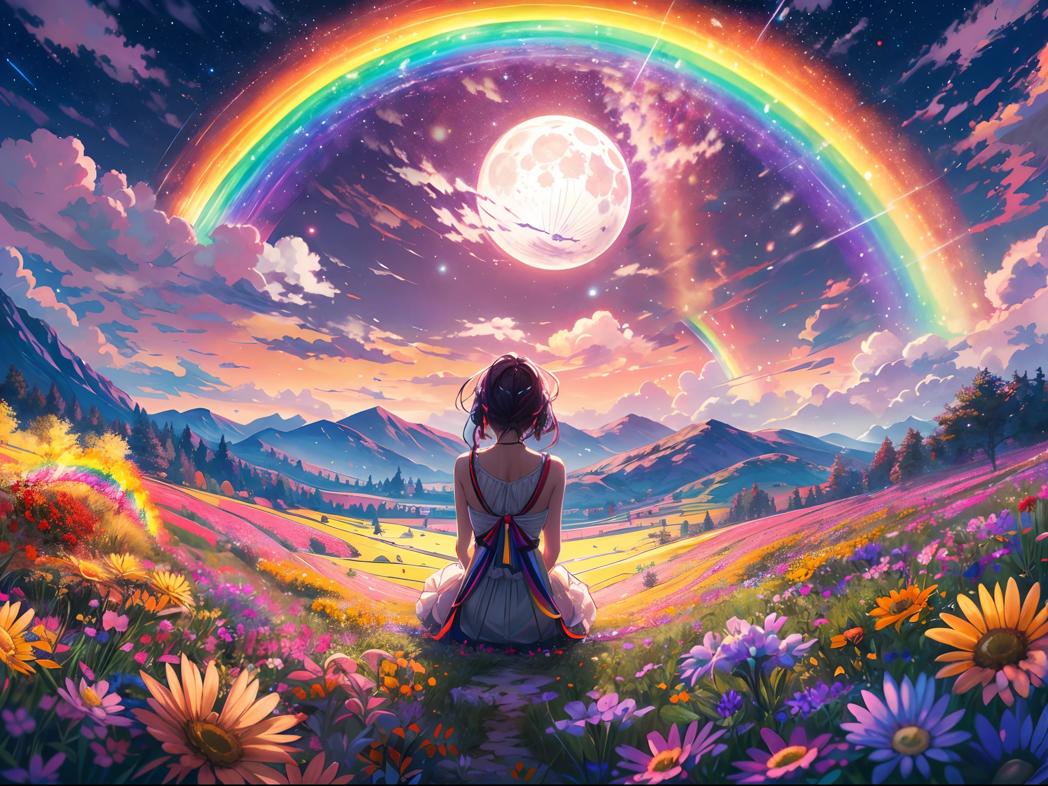 A wide landscape photo, (viewed from below, the sky with rainbow is above, and the open field is below), an anime girl sitting on colorful flowers field looking up, (full moon: 1.2), (rainbow clouds: 0.9), (rainbow: 1.3), distant mountains , shooting stars, Crafting Art, (Warm Light: 1.2), (Firefly: 1.2), Lights, Lots of Purple and Orange, Intricate Details, colorful palette,Volumetric Lighting BREAK (Masterpiece: 1.2), (Best Quality), 4k, Ultra Detailed, (Dynamic Composition: 1.4), Rich in Detail and Color, (Rainbow Color: 1.2), (Glow, Atmospheric Lighting), Dreamy, Magical, (Solo: 1.2),
