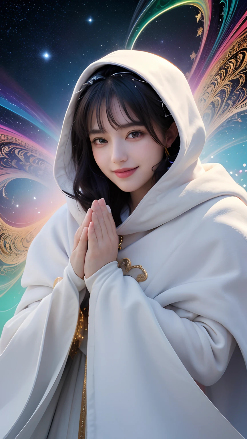 (masterpiece, top quality, best quality, official art, beautiful and aesthetic:1.2), (1 cute smiling girl), extreme detailed, (fractal art:1.3), colorful, highest detailed, perfect face, upper body, HDR, (praying:1.3), (white cloak golden lines:1.2), galaxy, (light streaks), striking visuals, (dynamic streaks, luminous trails:1.2), vibrant colors,