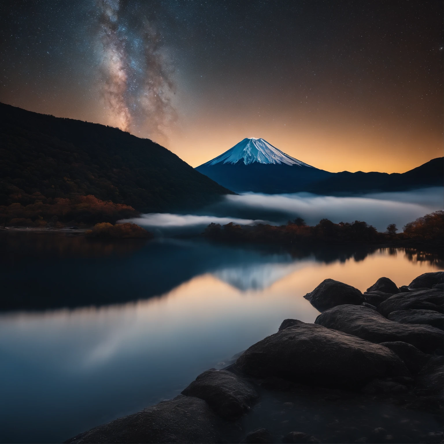Master Parts、Superior Quality、superior image quality、The 8k quality、Beautiful pictures of the starry sky、magnifica、Arched Milky Way:1.9、Mt fuji、Blue glowing lake:1.9