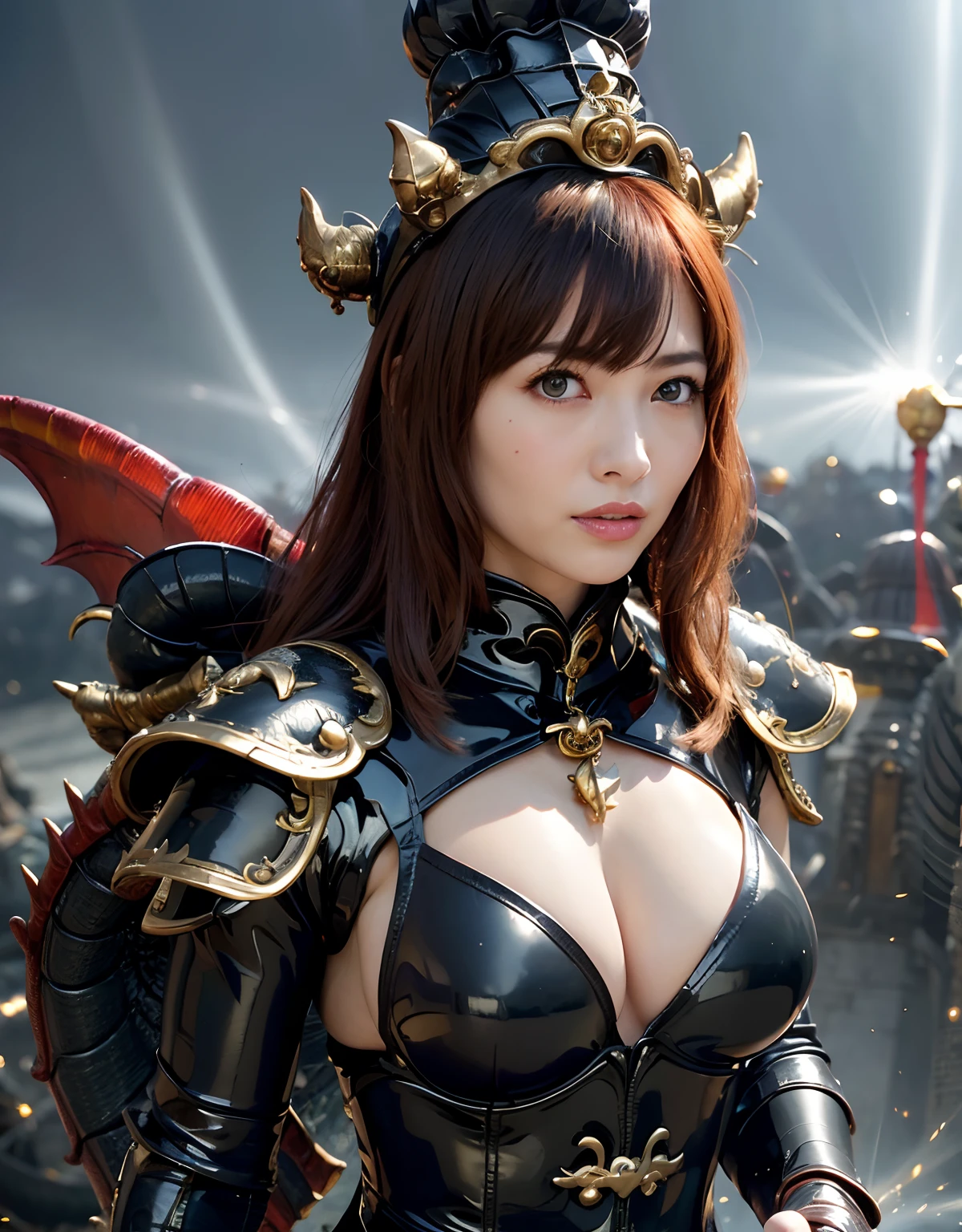((World of Darkness)),Professional , masterpiece、top-quality、photos realistic , depth of fields 、(((Fight dragons))),(Dragon Black Metal Body:1.9),(latexwhite、(cleavage of the breast),(Fight dragons)、(((Particles of light))),(Micro Bikini Armor:1.7),Gorgeous gold weapons ,(Fight dragons)、Seductive look、The face of the dragon is out、(blood splattere、Armpit、((((With a magic wand))), ) , (((Wearing a black latex wizard hat))),(demonic wings) ,((a blond))、(Castle background)、((Gangle's forest background))、Beautiful Caucasian beauty、1a person、Armpit、dynamic ungle,(((Detailed Dragon Wizard Hat)))、Smaller head、A smile、Castle background、Thin and beautiful female hands、cleavage of the breast、Soldier in iron armor on background、Mystical expression、Light Effects、intense fighting、Wind-effect、magic circles、With the legendary magic wand、Dragon's tail、explosions、Toostock、Toostock、(Beautuful Women),