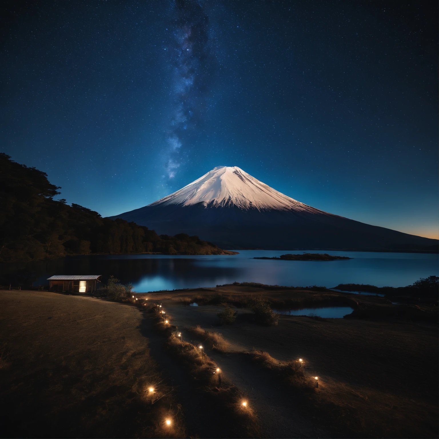 Master Parts、Superior Quality、superior image quality、The 8k quality、Beautiful pictures of the starry sky、magnifica、Arched Milky Way:1.9、Mt fuji、Blue glowing lake:1.9