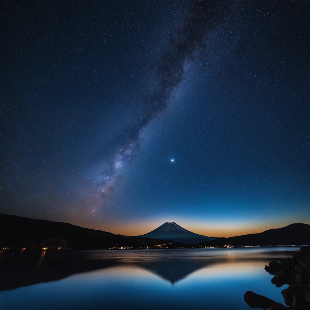 Master Parts、Superior Quality、superior image quality、The 8k quality、Beautiful pictures of the starry sky、magnifica、Arched Milky Way:1.9、Mt fuji、Blue glowing lake:1.9