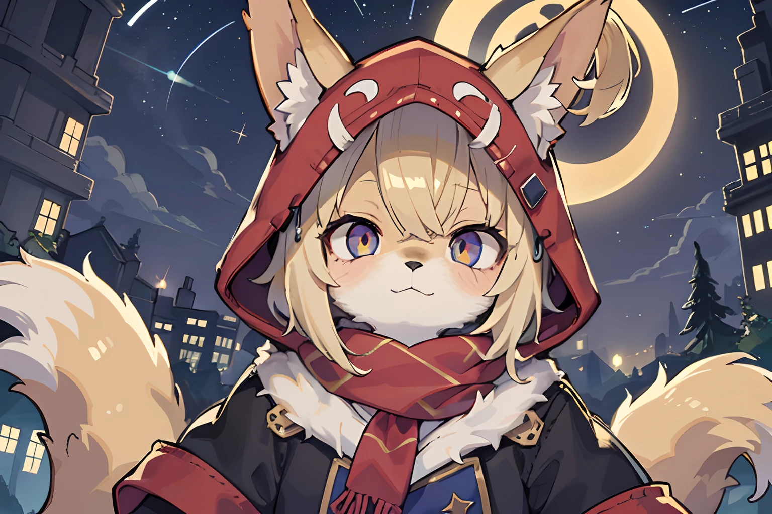 Shota the fox，hairy pubic，shaggy，Skin fur，Golden fur，Golden yellow face fur,Short straight blonde hair，Eyes have light，Red eyes，Brown elements on fur，Brown coat brown hood up，Star pattern white top，brown shorts，Beautiful lights and shadows，Ambient light，Ultra-fine fur，volumettic light,natural  lightting，fox tails，Fluffy tail，No Man, Lake, dark scenery, rain，Night，starrysky，Vast landscape，crossed bangs, Hairline, Shiny hair, lone nape hair, ，Dilated pupils，Sleepy，（moon full：1.2），（meteors：0.9），（Starcloud：1.3）（Warm light source：1.2），aurora，nevando，snowfield, Extra-long sleeves， Purple and orange，Complicated details，Volumetriclighting，Realist breakthrough（tmasterpiece：1.2）（best qualtiy），4K，Ultra-delicate，（Dynamic configuration：1.4），Highly detailed and colorful details，（Irridescent color ：1.2），（luminouslighting，Atmospheric lighting），dream magical，magic，（独奏：1.2）Glowing light,Light blush, The smiley face has a faint blush, smiley，Single
