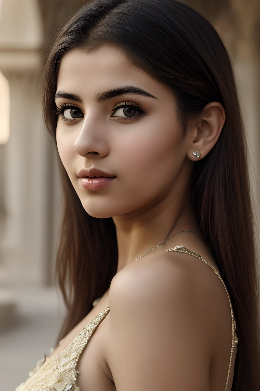 Photo of 25 year old indian girl, RAW, beautiful woman, (brown hair with extra long wavy), ((portrait)), (Detailed face: 1.2)), (Detailed facial featureine skin), pale skin, high detail and deep cleavage body conhasmat suit, slim body, megacity environment, (cold color), wet, moist, reflection, (masterpiece) ( Perfect proportions) (realistic photos) (highest quality) (detail) shot with Canon EOS R5, 50mm lens, f/2.8, HDR, (8k) (wallpaper) (movie lighting) (dramatic lighting) (sharp focus) (complex) fashion