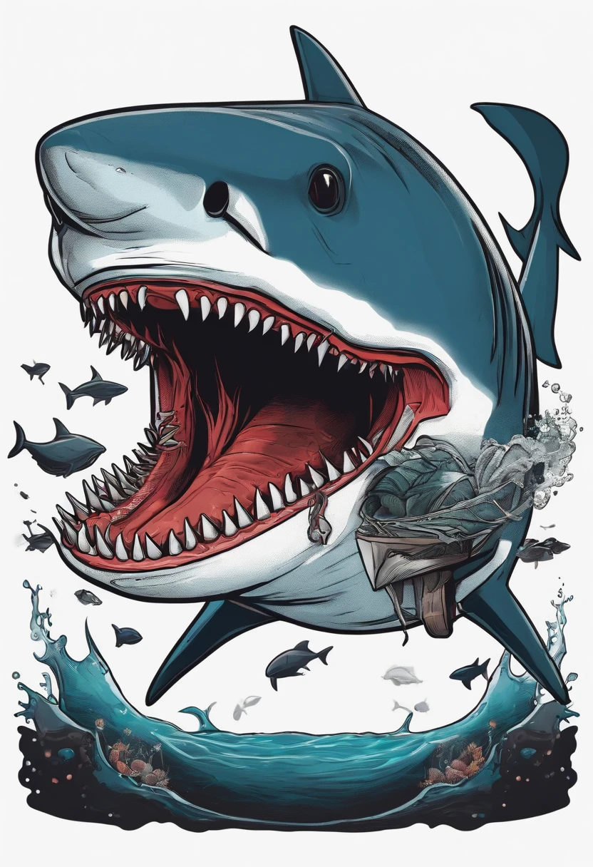 /imagine prompt: Surgeon,Shark illustration with black background sticker, Bold outline style, Jagged edges, Trash core, Light Shadow --V 5.2