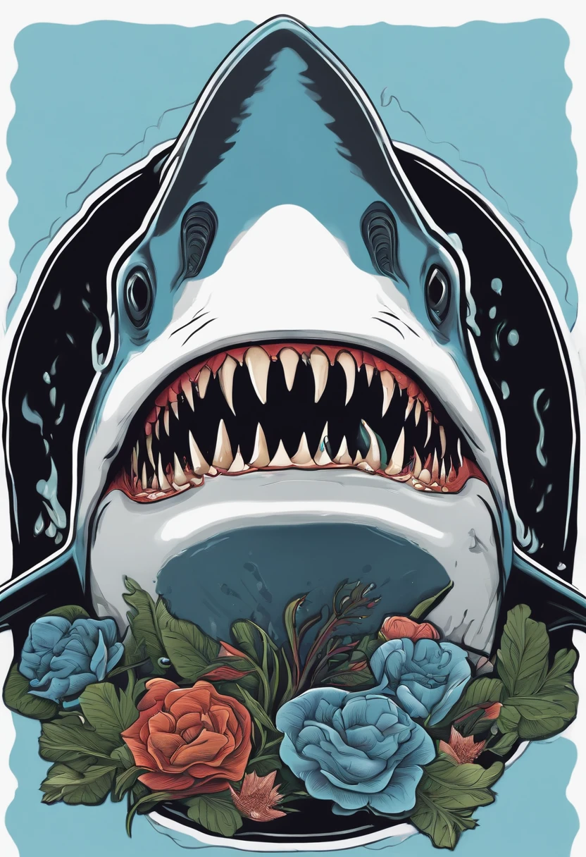 /imagine prompt: Surgeon,Shark illustration with black background sticker, Bold outline style, Jagged edges, Trash core, Light Shadow --V 5.2