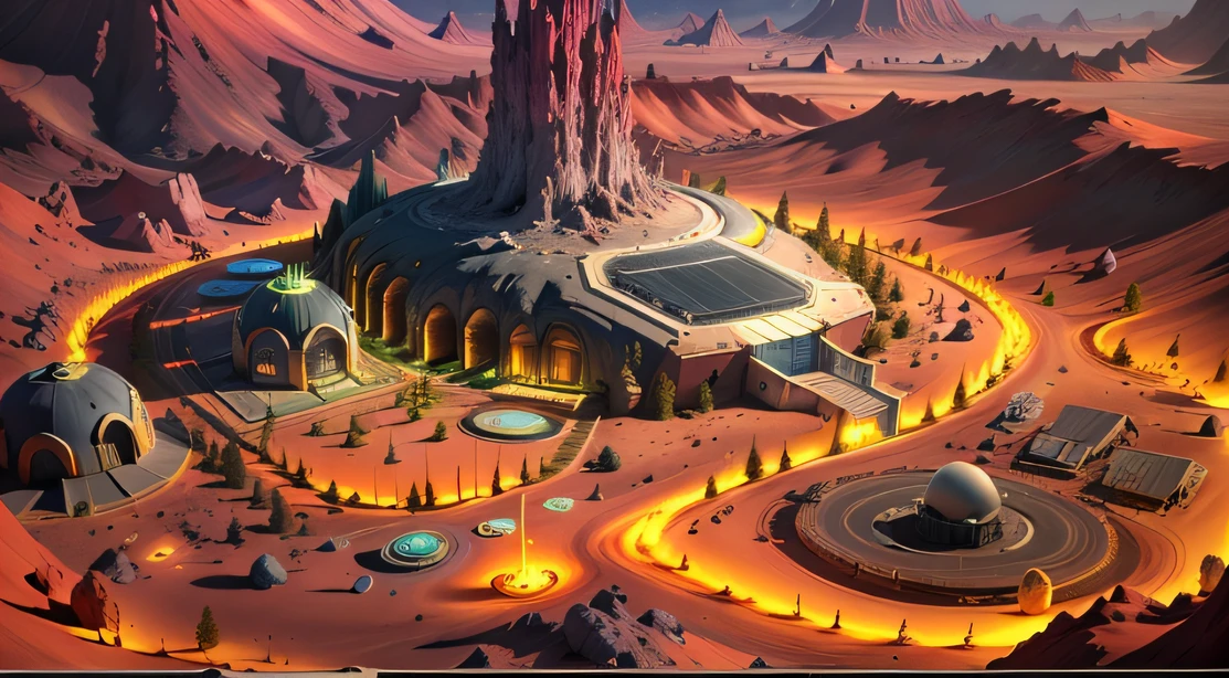 Alien Fall Base (Very detailed) In the mountainous desert,There are several exhaust fans and yellow chimneys, Some neon lights come out of the base to illuminate the dark place, (Extreme nights), Some clouds in the night sky, Some of the surrounding planets provide air to unknown planets,The farthest giant volcano is erupting