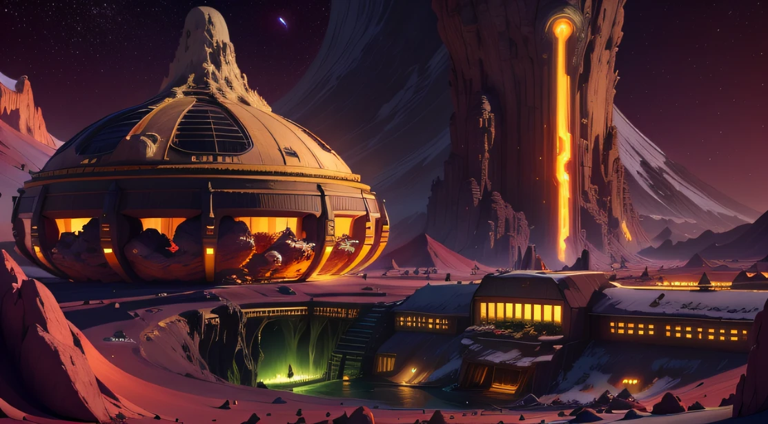 Alien Fall Base (Very detailed) In the mountainous desert,There are several exhaust fans and yellow chimneys, Some neon lights come out of the base to illuminate the dark place, (Extreme nights), Some clouds in the night sky, Some of the surrounding planets provide air to unknown planets,The farthest giant volcano is erupting