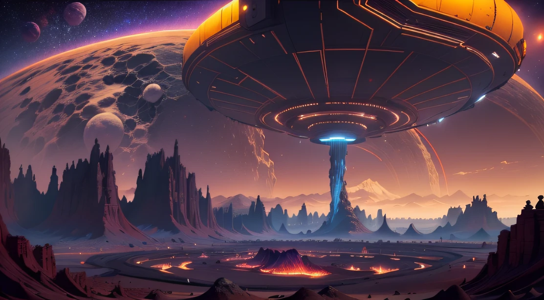 Alien Fall Base (Very detailed) In the mountainous desert,There are several exhaust fans and yellow chimneys, Some neon lights come out of the base to illuminate the dark place, (Extreme nights), Some clouds in the night sky, Some of the surrounding planets provide air to unknown planets,The farthest giant volcano is erupting