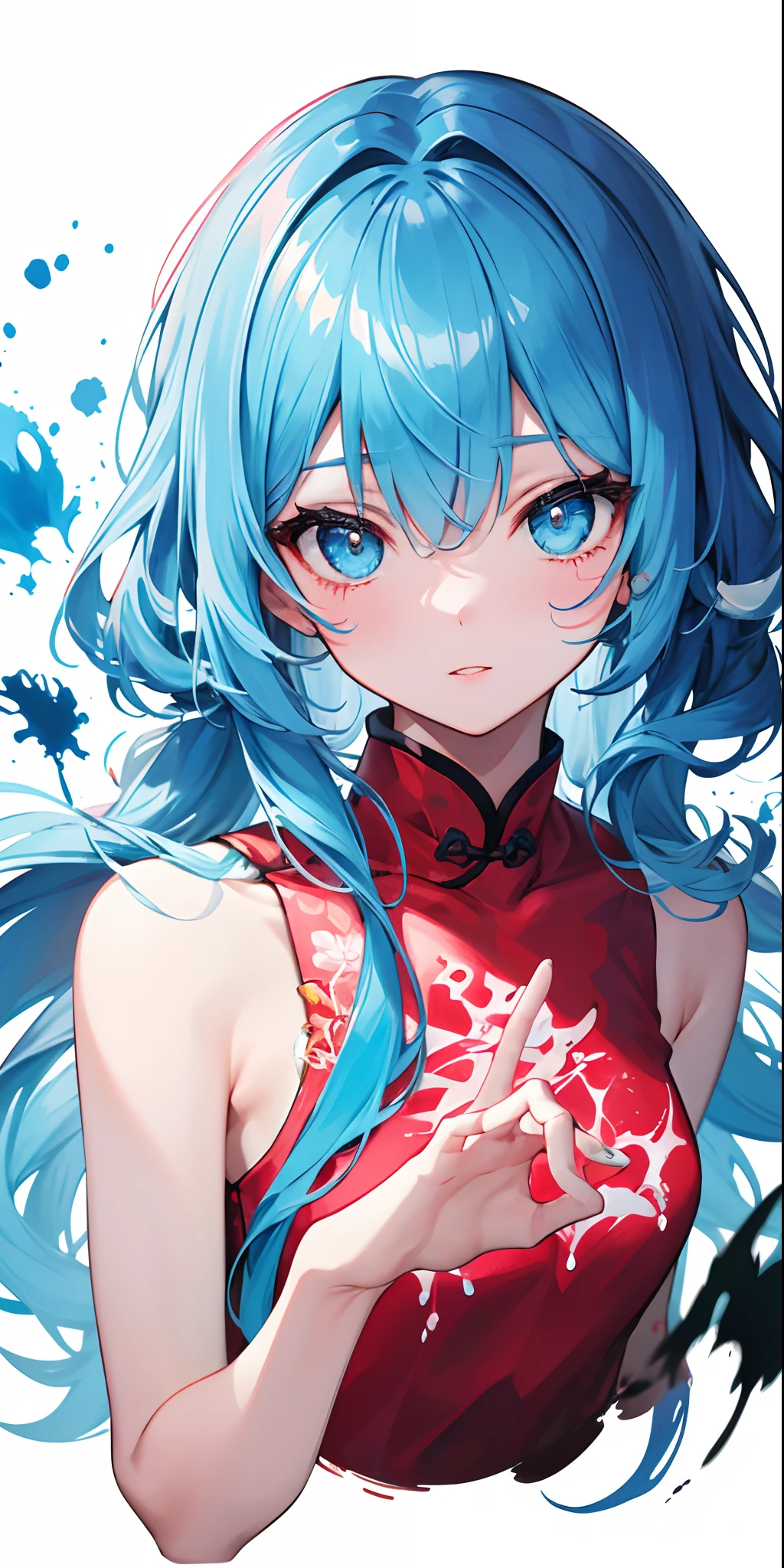 (Masterpiece, best quality, high resolution), white background, acrylic paint, ((Color splash, splash of ink, color splash)), sweet Chinese girl, long light blue hair, [light blue|Pink Hair, Curly Hair , Glitter, Peach Lips, White Shirt, Front, Upper Body