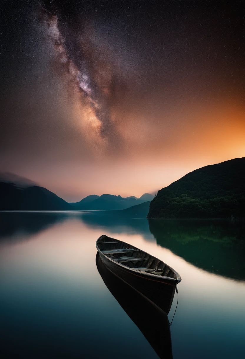 A photograph that captures the essence of a magical dream - like the world. An epic and legendary cliff that hangs over a beautiful lake, com cores surreais e vibrantes iluminando seu reflexo. The atmosphere is otherworldly, with soft night light casting ethereal shadows. The image creates a sense of depth and mystery, as if the viewer is being transported to another dimension, Creating a beautiful and haunting composition. Fotografado com uma Canon EosIII Zeiss de 120mm de largura