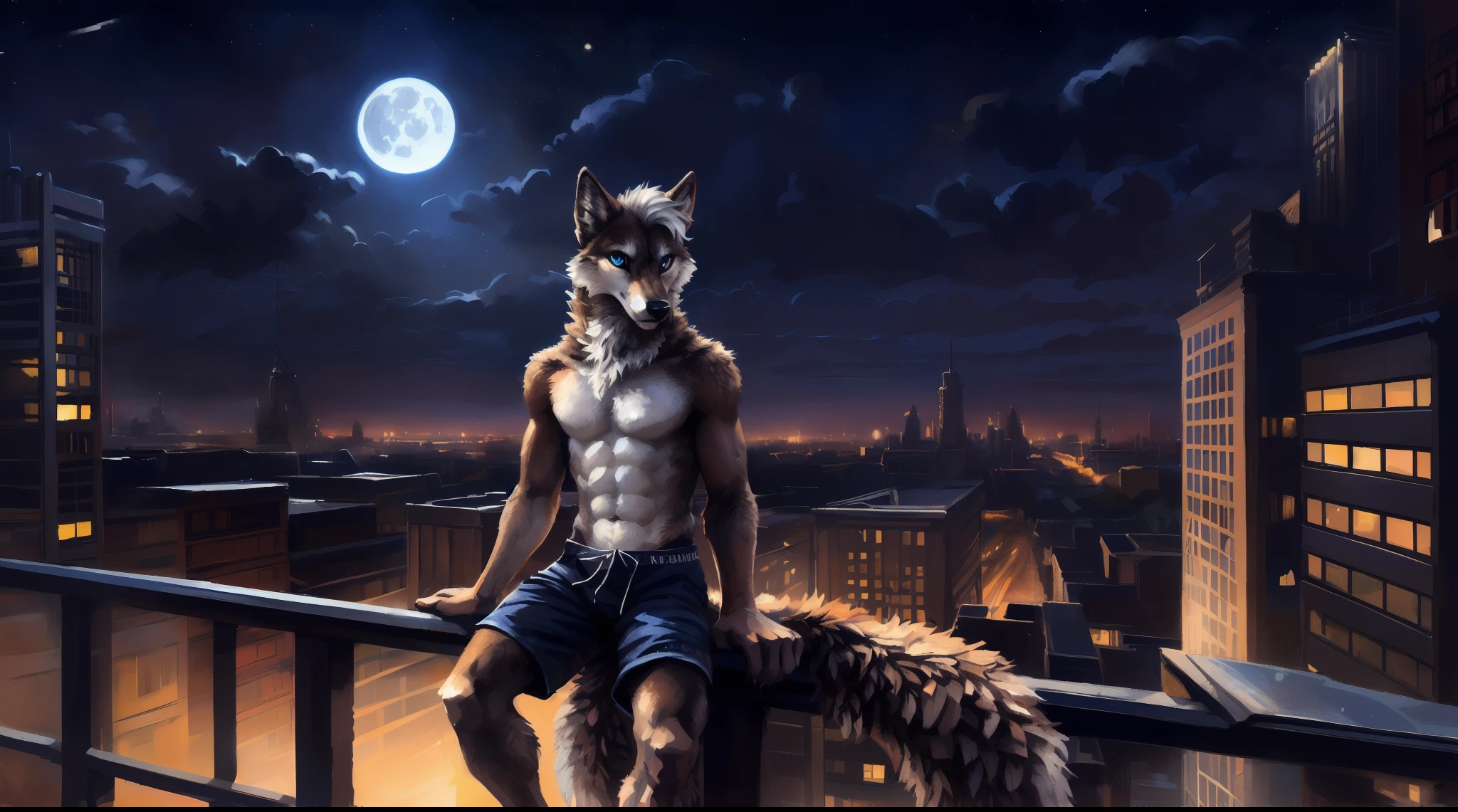 ((Solo)), male people, anthro wolf, (Multi-colored fur, White-brown:1.3), ((Wolf face, White hair, Big eyes, White eyelids, Blue pupil, Slim:1.2) (Tough, Calm expression:1.2)), Abs, Slim, pinging)), (Correct anatomy), (Work shorts:1.1), (Contour bone:1.2), The upper body is naked, (detailed outfits),A big tail,Feet,Longer legs,(Realistic fur, Detailed fur texture, labeled:1.3)), (Natural lighting), Photorealistic, Hyperrealistic, ultradetailed, by Kenket,In the modern city,Roof,the night,Sit alone,Look at the full moon,It was dark,Starry