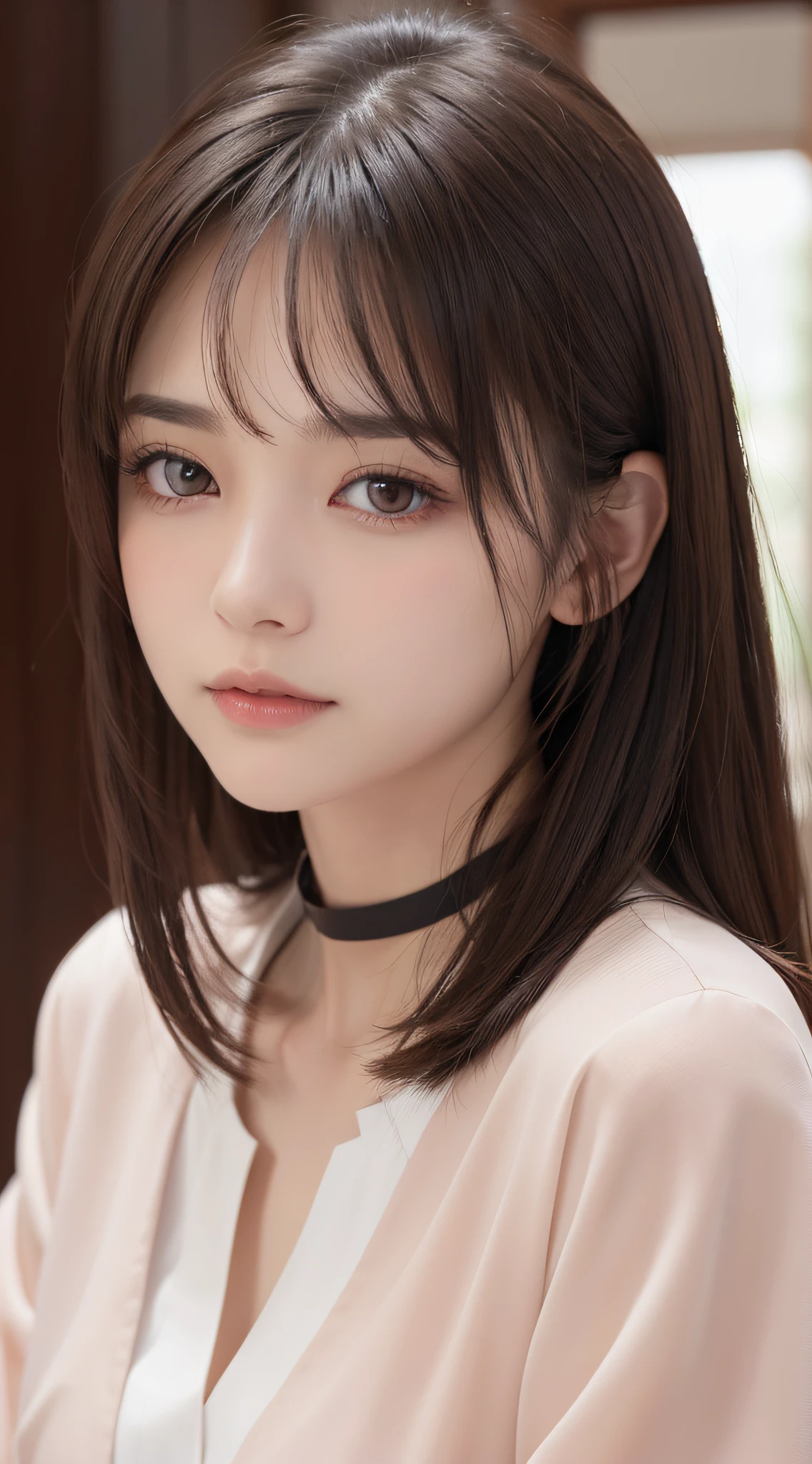 1womanl, (up of face:1.5), light brown hair, Blunt bangs, hair behind ear, hair over shoulder, Long hair, Ultra Fine Face, Thin face, Delicate lips, (beautidful eyes:1.5), thin blush, eyes are light brown,View here, （Hands hide）, formal jackets, a choker ,Port Area ,One-person viewpoint,  8K, masutepiece, nffsw, Super Detail, High quality, Best Quality, hight resolution,