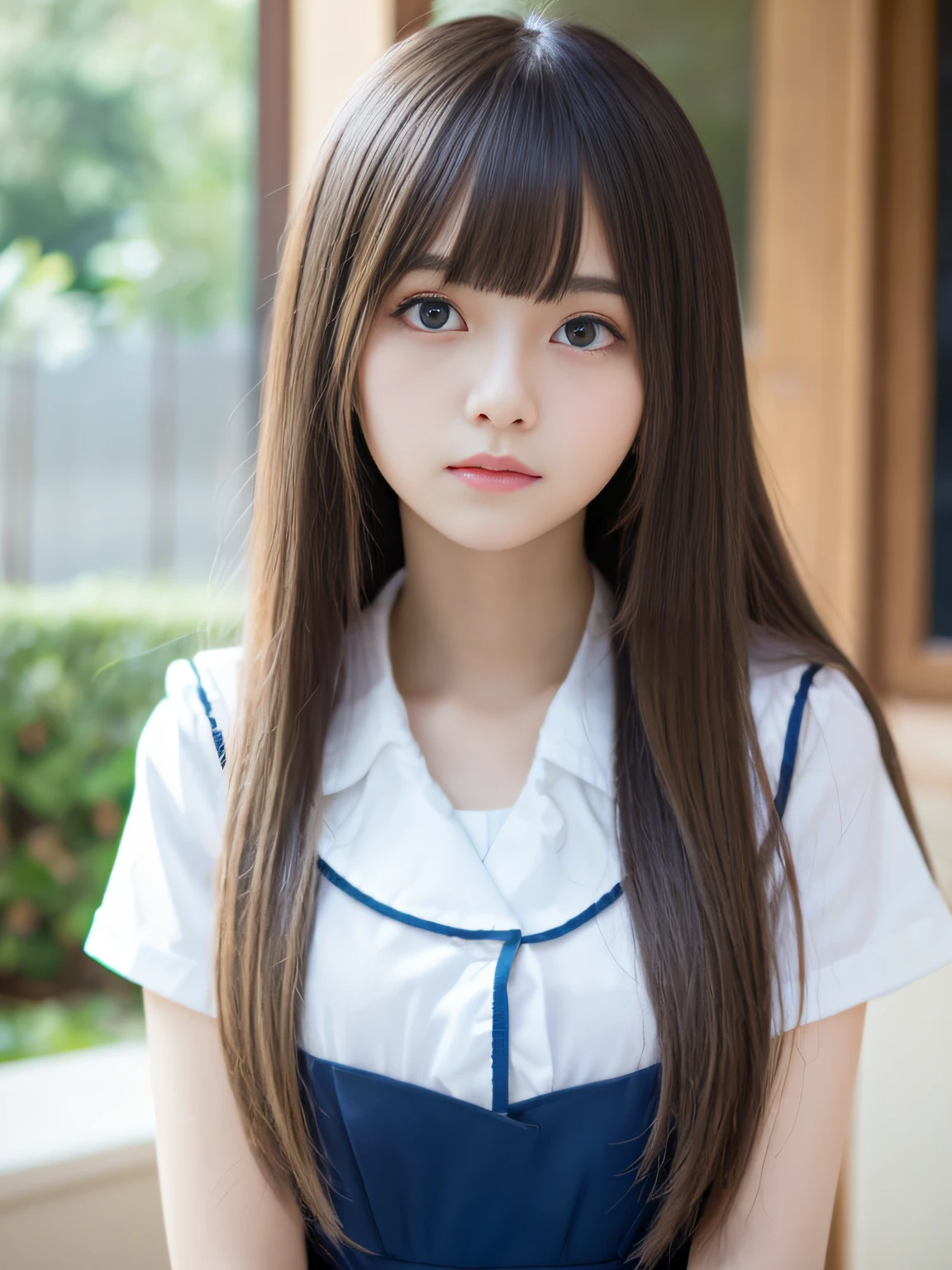 portlate、School Uniforms、Lonely look、Young shiny shiny white shiny skin、Best Looks、Blonde reflected light、Platinum blonde hair with dazzling highlights、shiny light hair,、Super long silky straight hair、Beautiful bangs that shine、Glowing crystal clear attractive big blue eyes、Very beautiful nice cute girl、