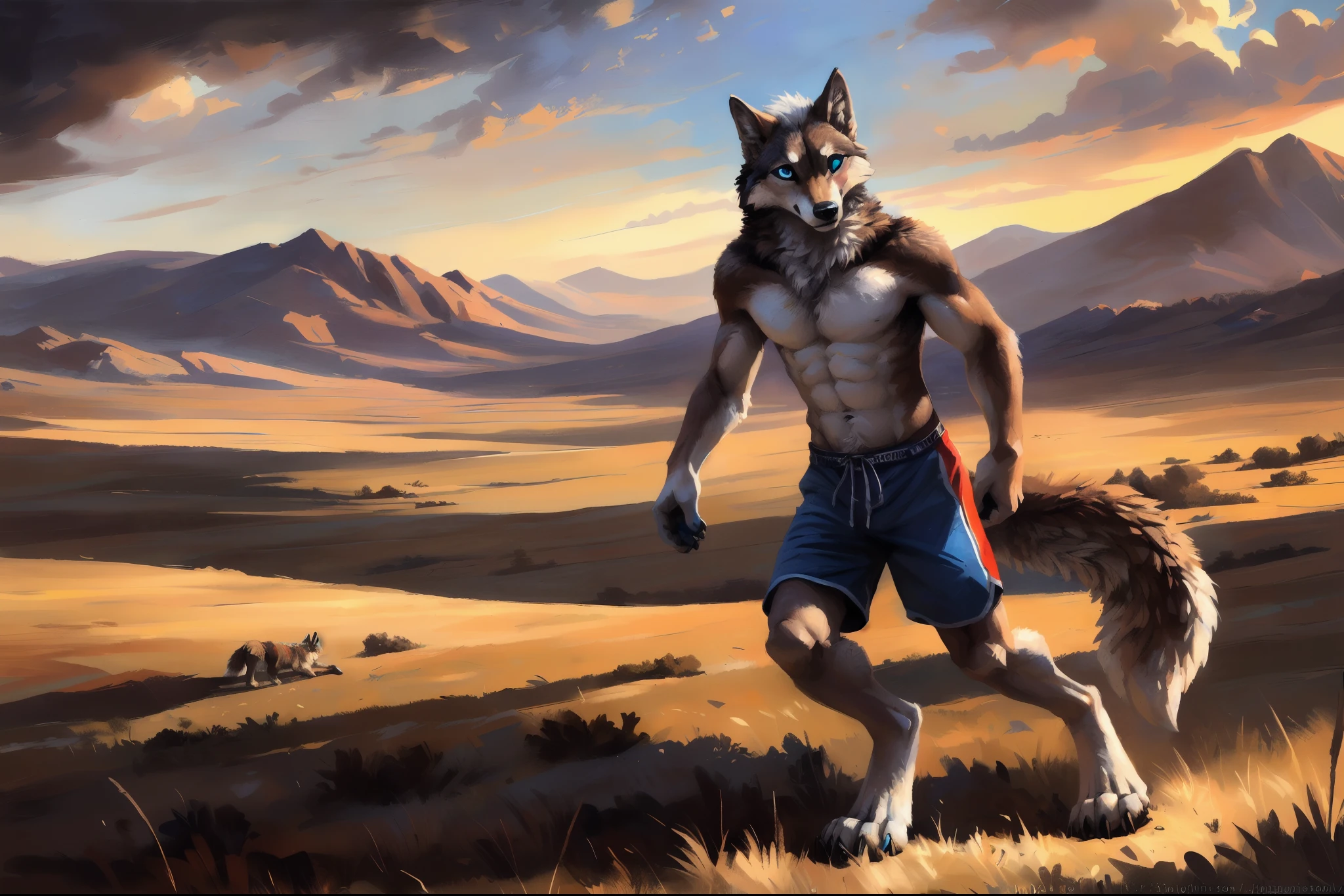 ((Solo)), male people, anthro wolf, (Multi-colored fur, White-brown:1.3), ((Wolf face, White hair, Big eyes, White eyelids, Blue pupil, Slim:1.2) (Tough, Calm expression:1.2)), Abs, Slim, pinging)), (Correct anatomy), (Work shorts:1.1), (Contour bone:1.2), The upper body is naked, (detailed outfits),A big tail,Feet,(Realistic fur, Detailed fur texture, labeled:1.3)), (Natural lighting), Photorealistic, Hyperrealistic, ultradetailed, by Kenket,Endless grasslands,No buildings,Running on